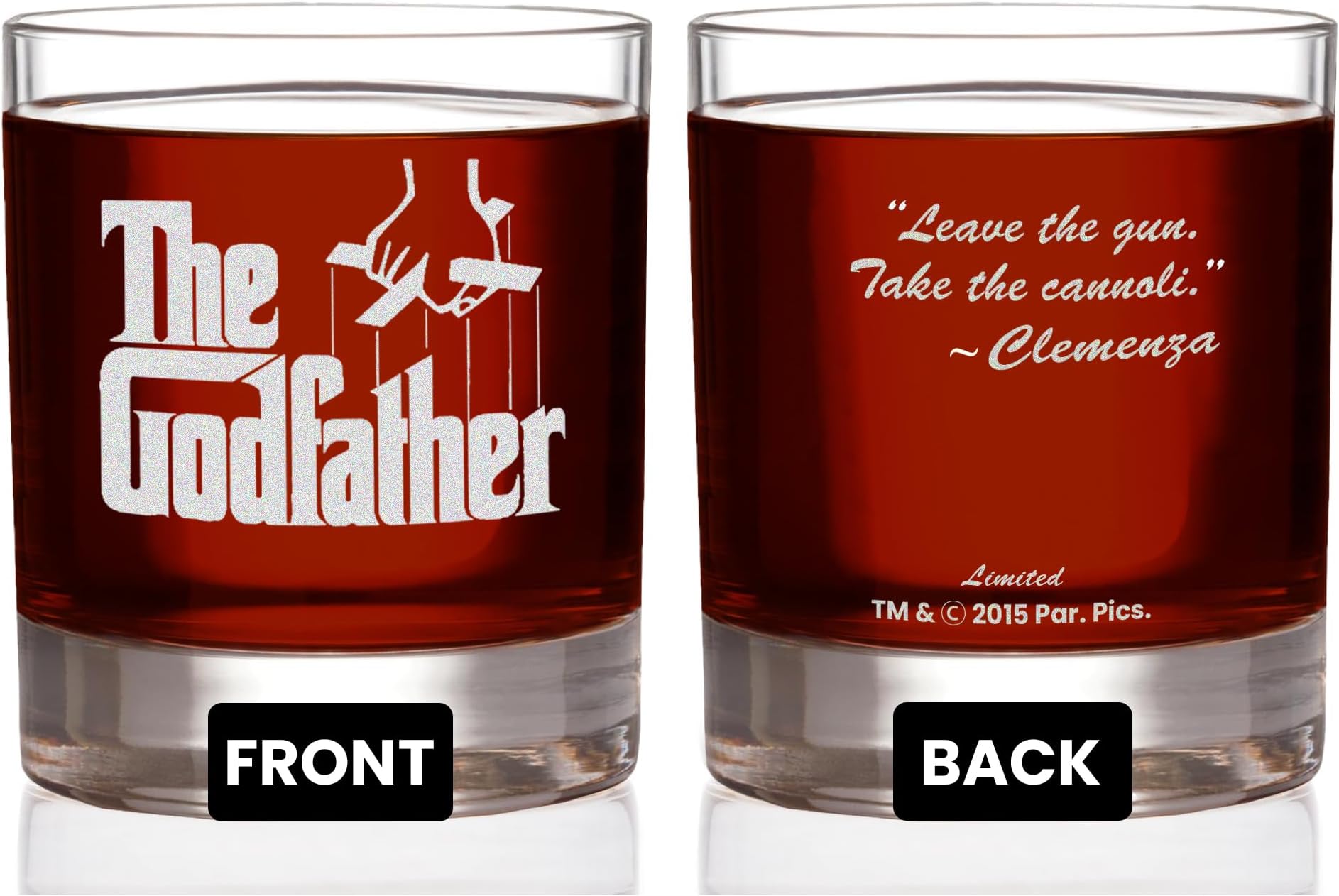 Official Godfather Etched Whiskey Glass - with Logo & Quote ''Leave the gun. Take the cannoli'' - Premium Quality, Handcrafted Glassware, 11 oz. Perfect Collectible Rocks Glass