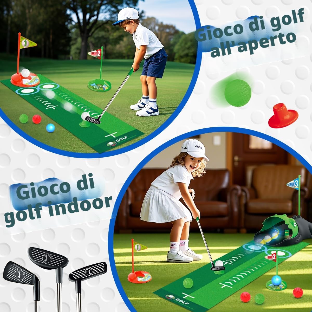Giocattolo da Golf per Bambini Aggiornato con Raccoglitore Automatico, Palline da Golf Luminescenti a LED,Mazze, Tappetino da Putting,Mini Golf per 3-8 Anni, Giochi Sportivi per Ragazzi e Ragazze 3+