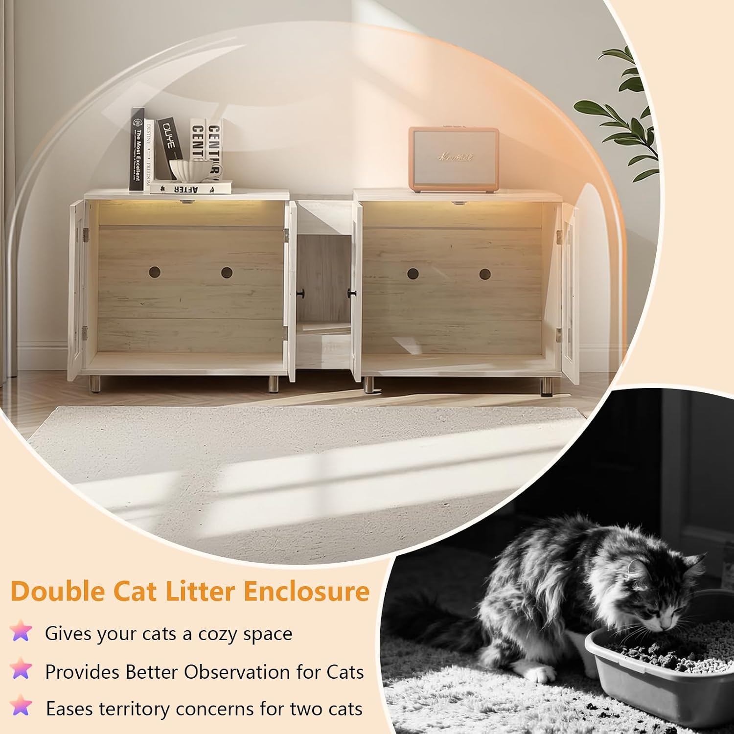 Double Cat Litter Box Enclosure for 2 Cats, Modern Double Litter Furniture with 7-Color LED & Built-in Power Outlet, Large Cozy Cat Space, 4 Glass Doors for Clear Viewing (White)