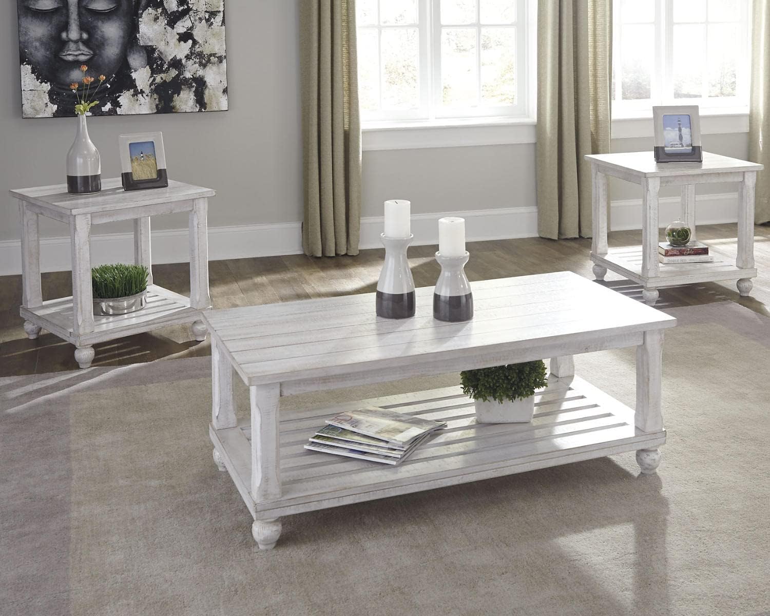 Signature Design by Ashley Cloudhurst Farmhouse 3-Piece Table Set, Includes 1 Coffee Table and 2 End Tables with Lower Storage Shelf, White with Rustic Finish