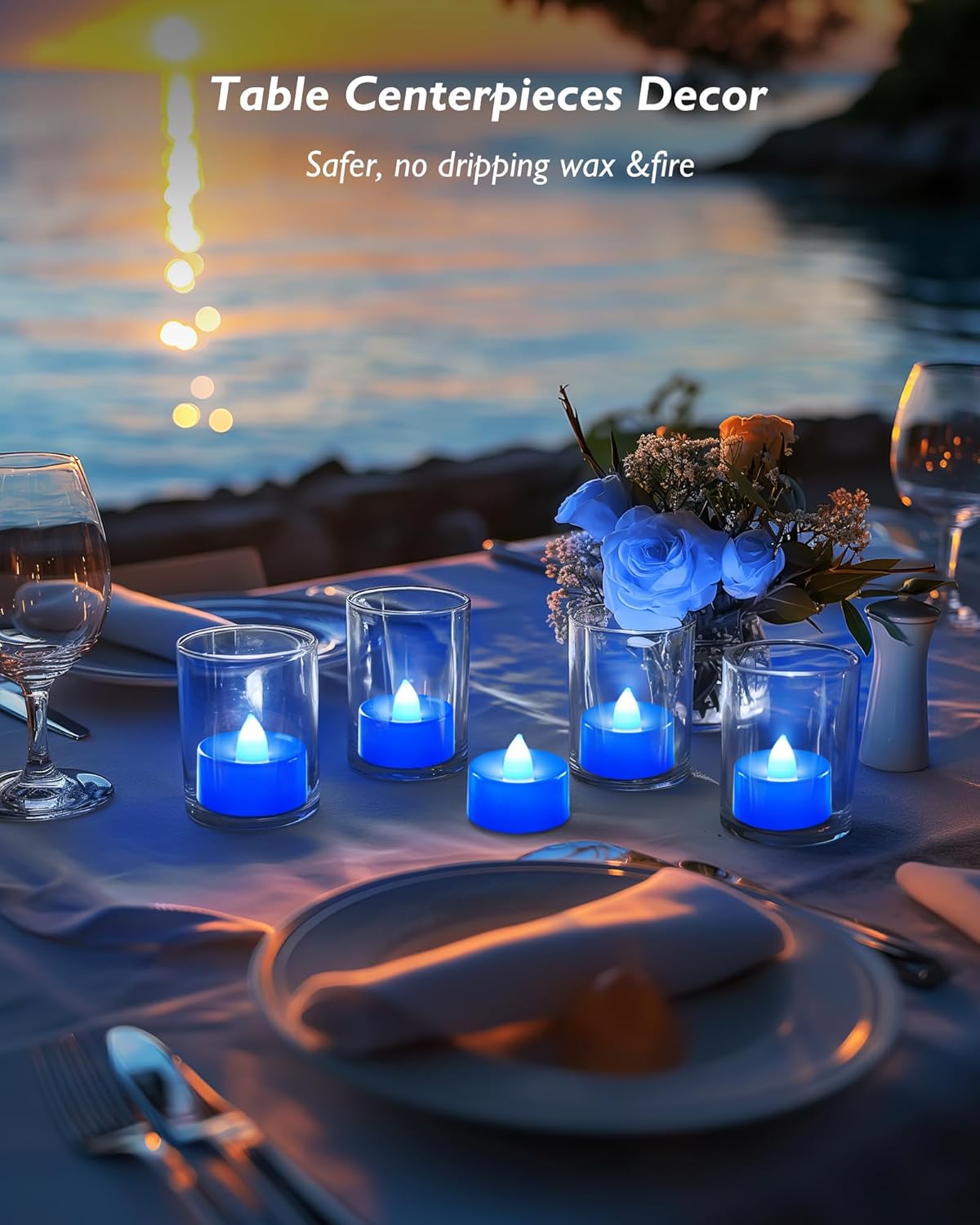 Amagic Blue LED Tea Lights Candles, 24 Pack Battery Operated Flameless Tea Lights, Long Lasting Colored Tealights Candles for Halloween and Festival Celebration, Party, Wedding Table Decor, Birthday - Image 3
