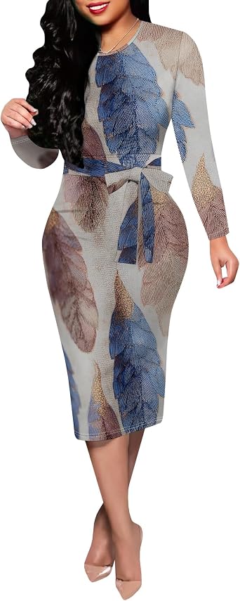 Womens Crew Neck Long Sleeve Midi Dress with Belt Summer Wrap Knee Length Empire Waist Pencil Dresses
