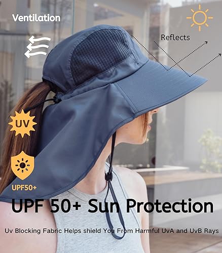 Miniatura 3 de Sombrero de protección solar UV para mujer, plegable, con solapa para el cuello, sombrero de pesca de ala ancha con agujero para cola de caballo
