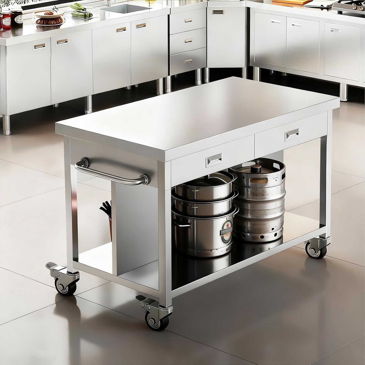 Stainless Steel Kitchen Island with Storage, Rolling Kitchen Island Cart on Wheels, Industrial Kitchen Cart with 2 Drawers, Portable Island for Commercial Kitchen, Bar, Outdoor Patio, 25 x 50 x 37 in