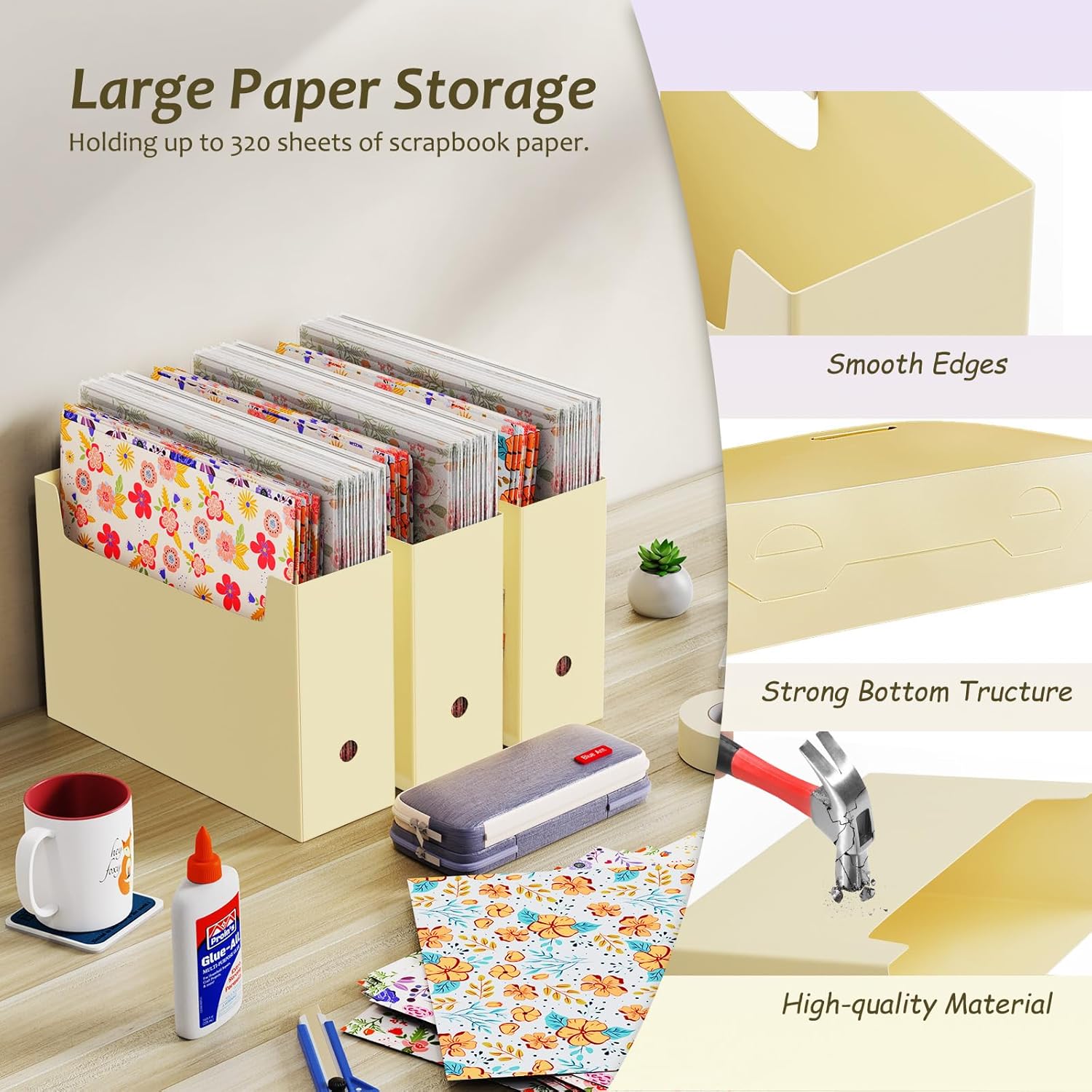 12x12 Scrapbook Paper Storage Organizer, 6 Pack Foldable Paper Storage Holder with Sticky Index Tabs, Scrapbook Organizer for Craft Supplies, Vinyl Sheets, Cardstocks, Magazines, Documents, Yellow