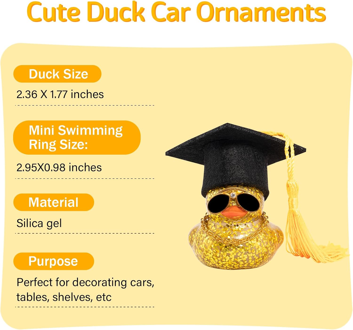 wonuu Car Dashboard Decor Graduation Hat Color Rubber Duck, Car Ducks Ornaments with Mini Graduation Hat Necklace Sunglasses (Gold)