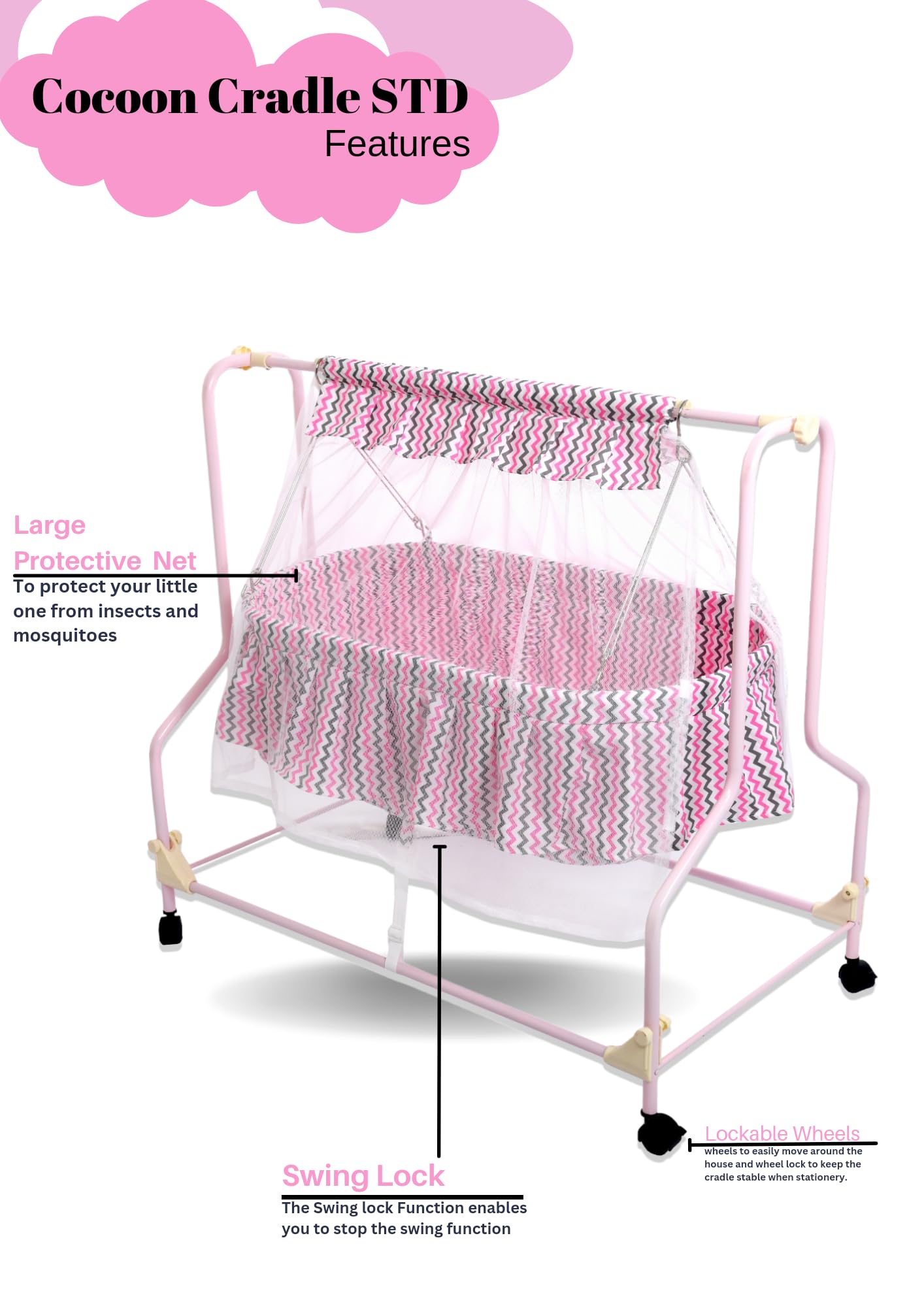 Infanto Cocoon Baby Cradle | Palna | Jhula - Sturdy Metal Frame, Mosquito Protection Net, Lockable Wheels, Swing Lock, Soft Fabric | 0 to 12 Months (Pink) - Image 3 thumbnail