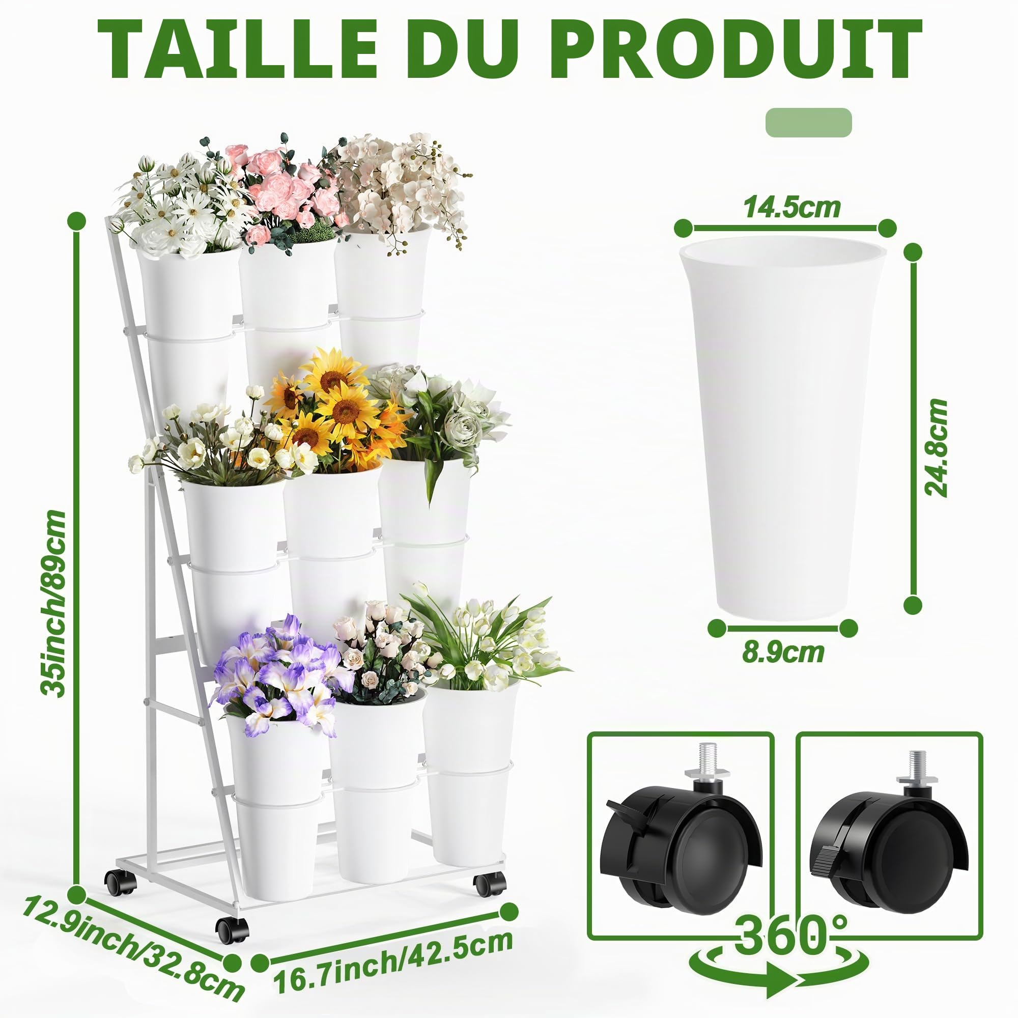 Alyoen Présentoir à fleurs à roulettes avec 9 seaux, présentoir à fleurs métallique à 3 étages, présentoir mobile pour plantes d'intérieur et d'extérieur, mariages, fleuristes, jardin (blanc)