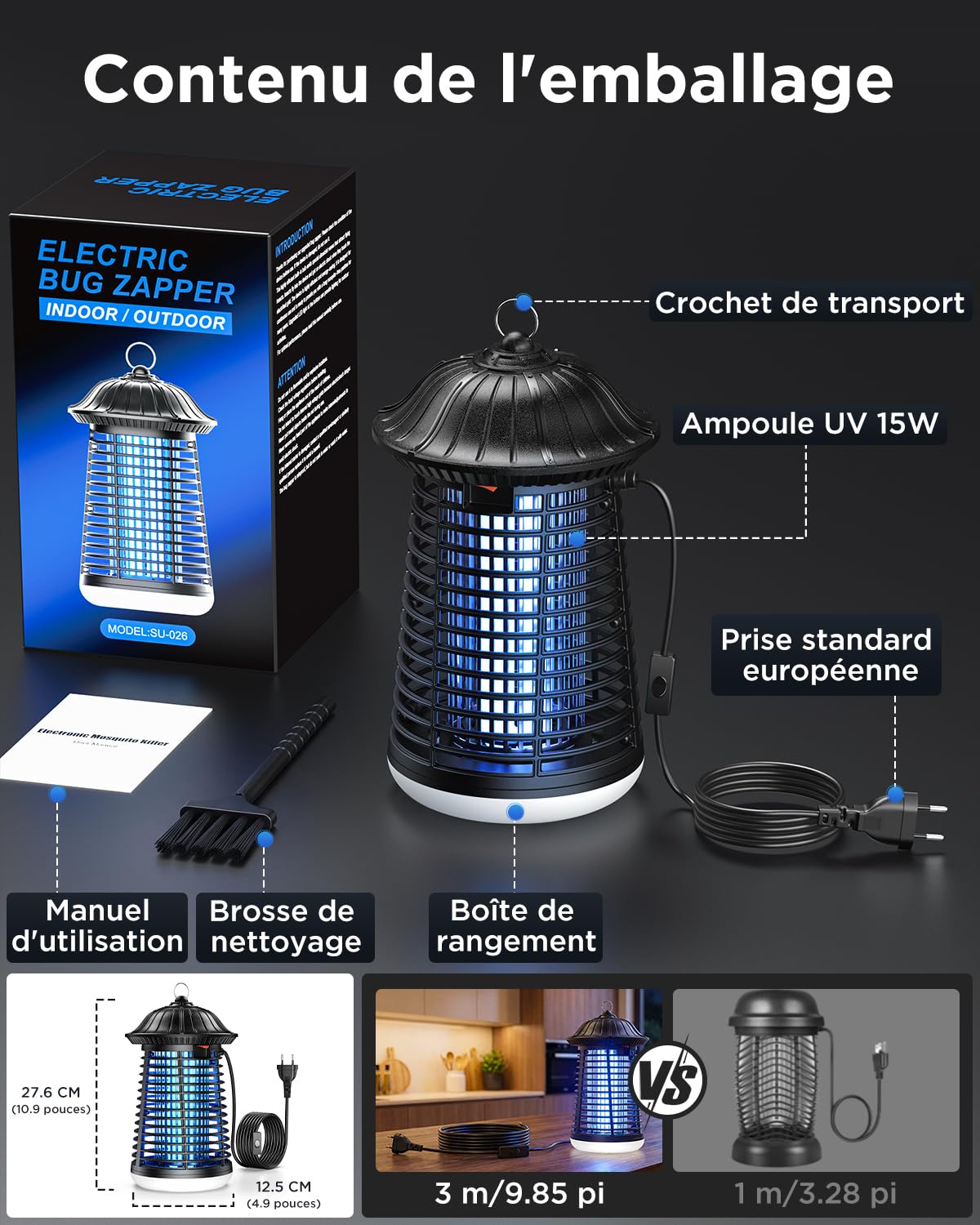 VIWAVE Lampe Anti Moustique avec éclairage LED, 15 W Piege a Mouche Puissante 4200V, Tueur d'Insectes électrique IPX4 étanche, Câble de 3m, Couverture de 150 m², pour Intérieur et Extérieur