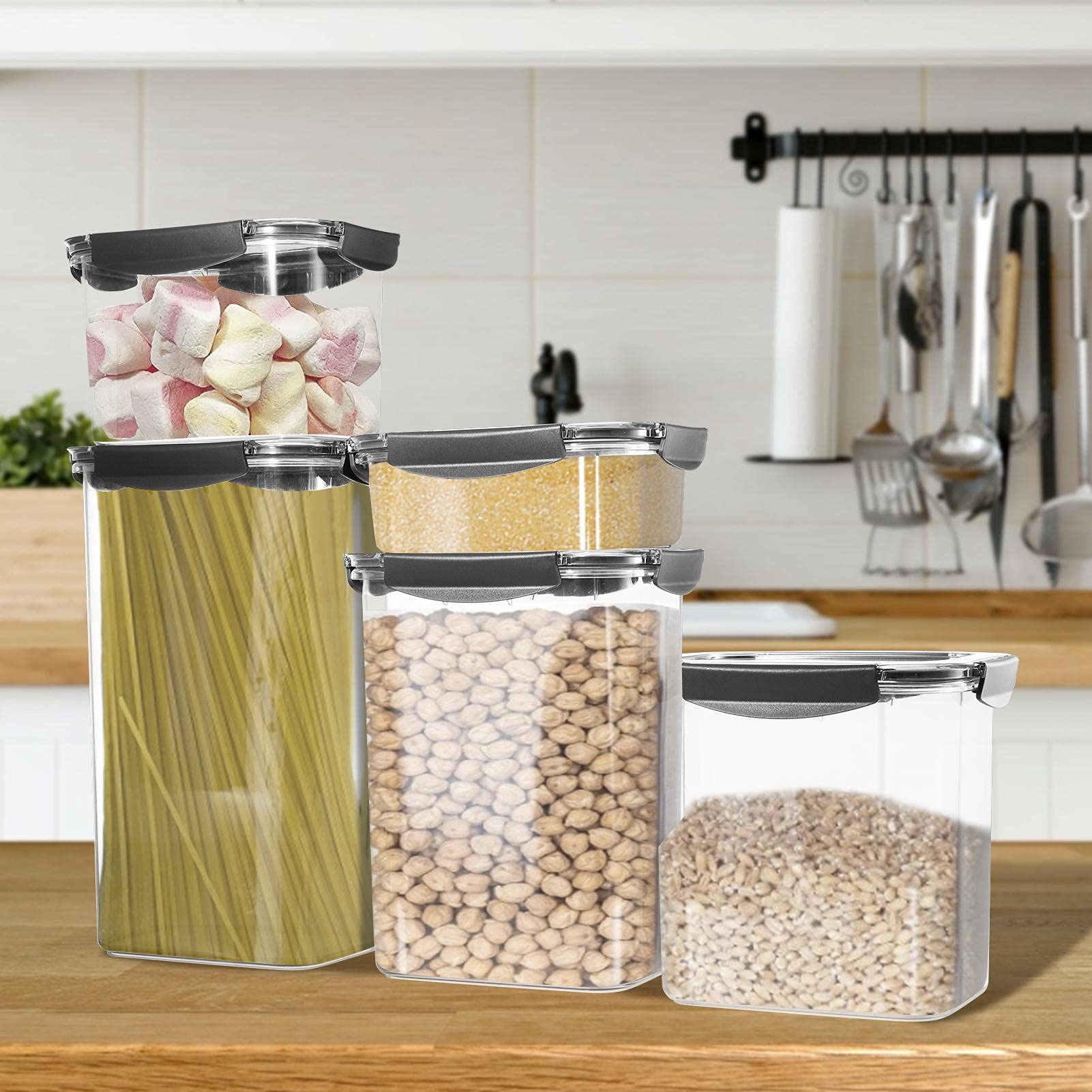 Botes Cocina Almacenaje Plastico, Juego De 5 Botes De | Almacenamiento Cocina con Tapa, Sin BPA Contenedores Herméticos 0,98/1,9/3/4/5 L