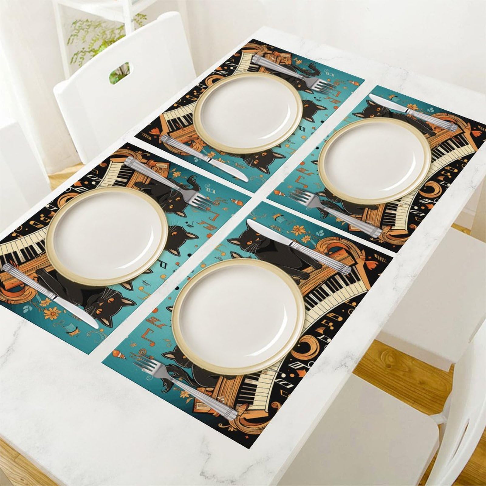Set di 6 tovagliette all'americana in PVC con quattro gatti neri sdraiati sul pianoforte, lavabili e resistenti al calore, antiscivolo, impermeabili, per tavolo da pranzo per interni ed esterni