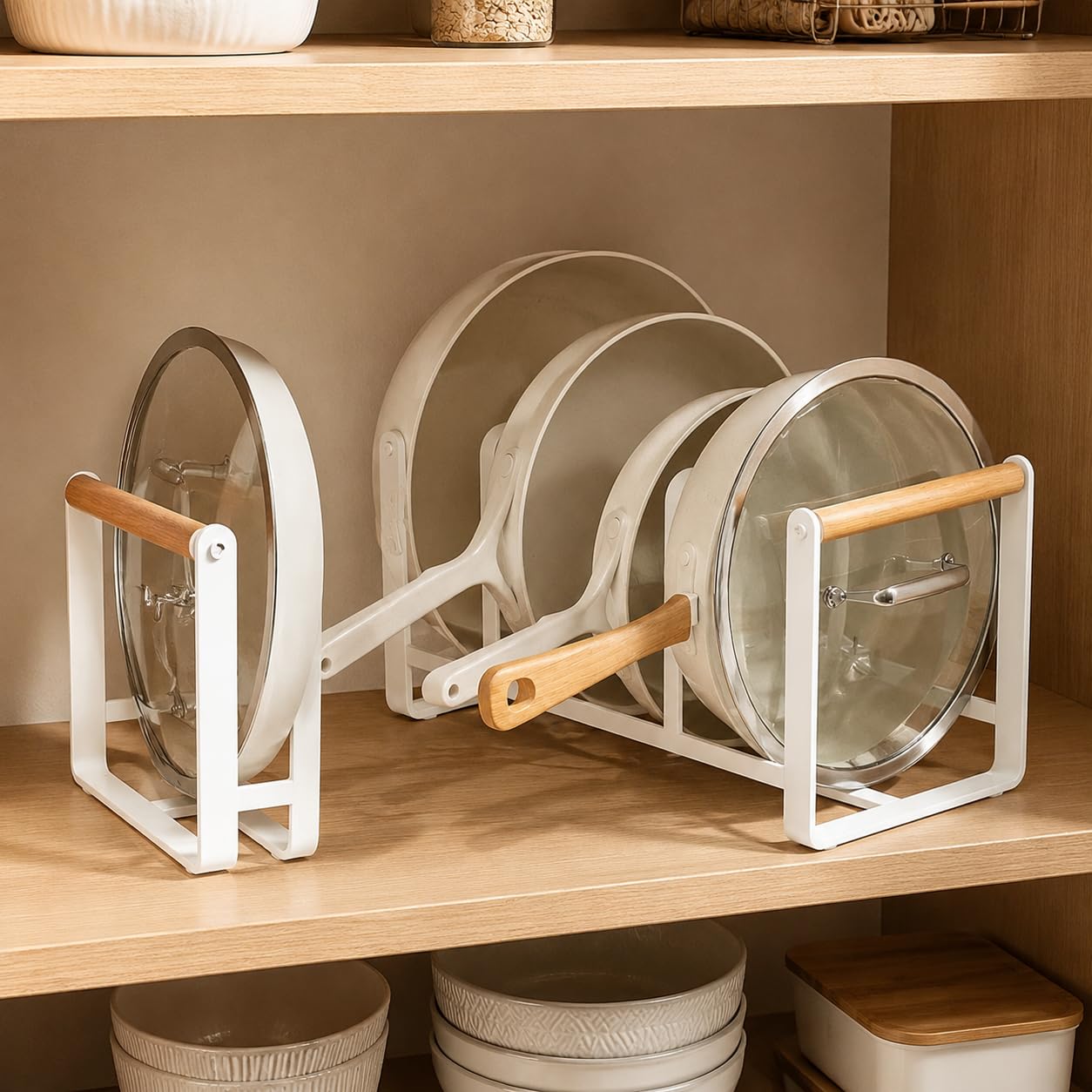 Topfdeckel Organiz, Topfdeckelhalt, Küchenregal, 3 Fäch, Metall, mattweiß, rutschfest, für Töpfe bis 35 cm, Pfannen & Deckel, Drei Fächer Topfhalter + Schma