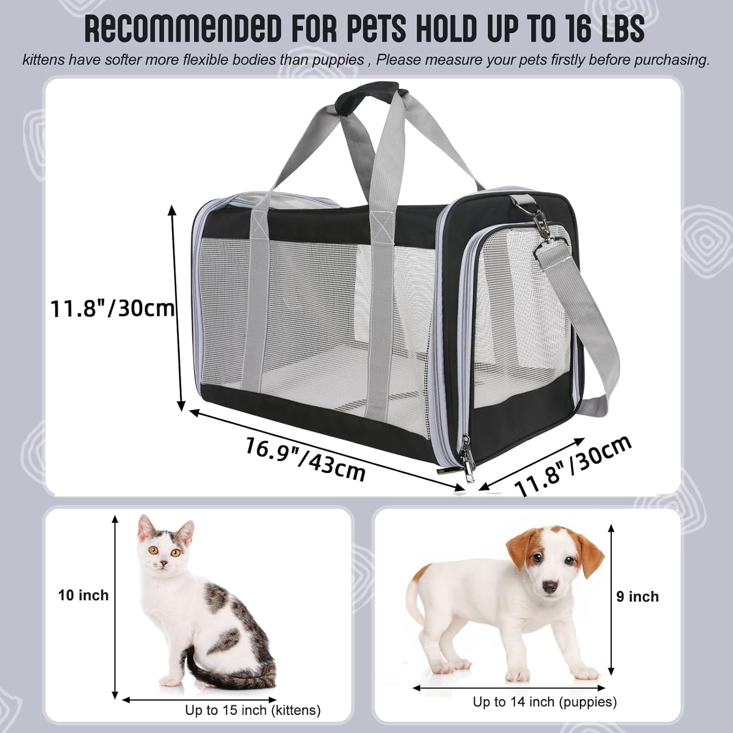 Pet Carrier for Large Cats of 25 Lbs,Collapsible Carrier Bag for Big Cat or 2 Kittens,Soft Sided Puppy Carrier with Sturdy Travel Transport Strap, Adequate Ventilation, 4 Mesh Windows (Black)