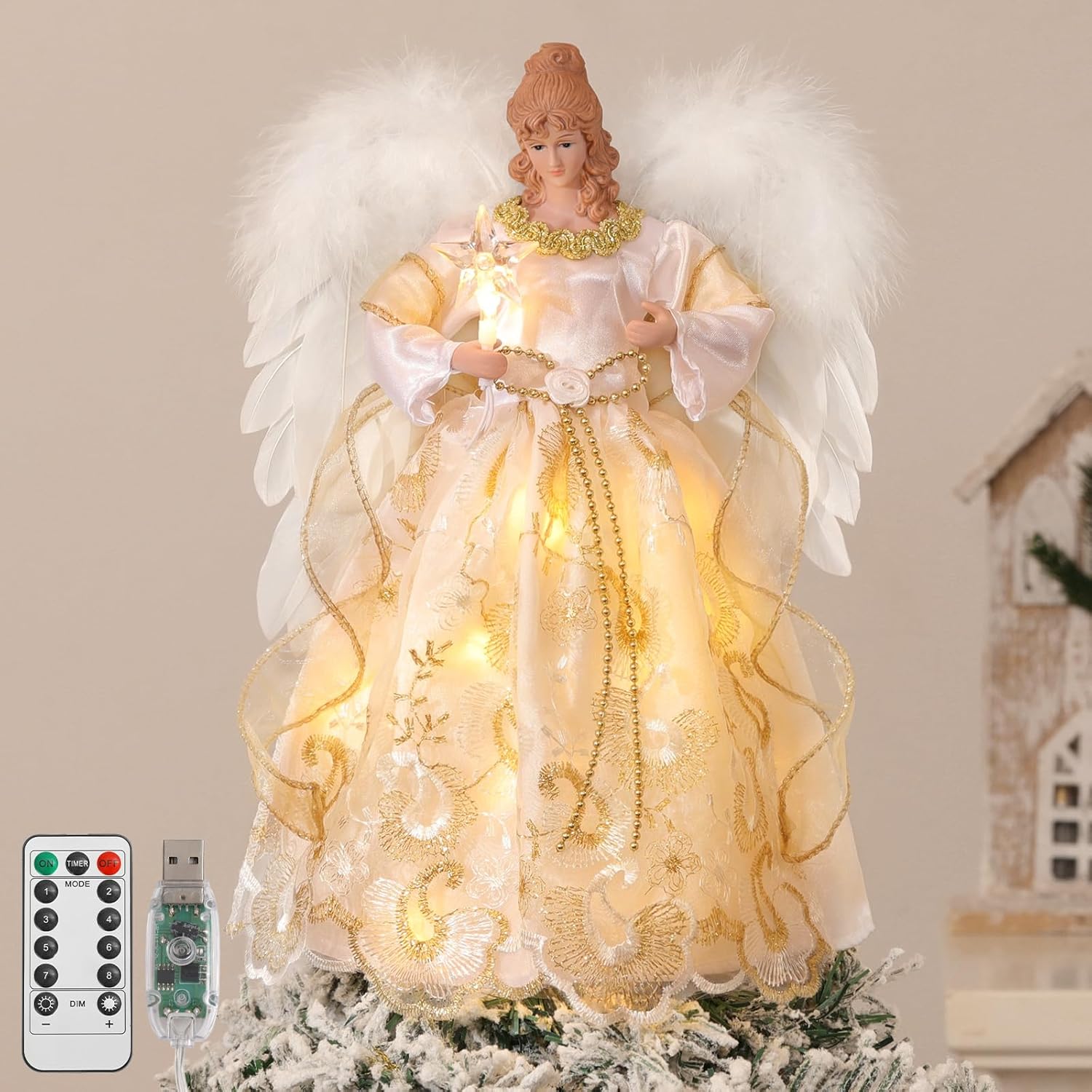 Lewondr Christmas Tree Topper Angel, 12'' Light Up Angel Tree Topper with Wings and Star Light, 6 Hrs Timer and 8 Modes USB and Remote Operated Christmas Decor for Holiday Home Decor, Light Yellow