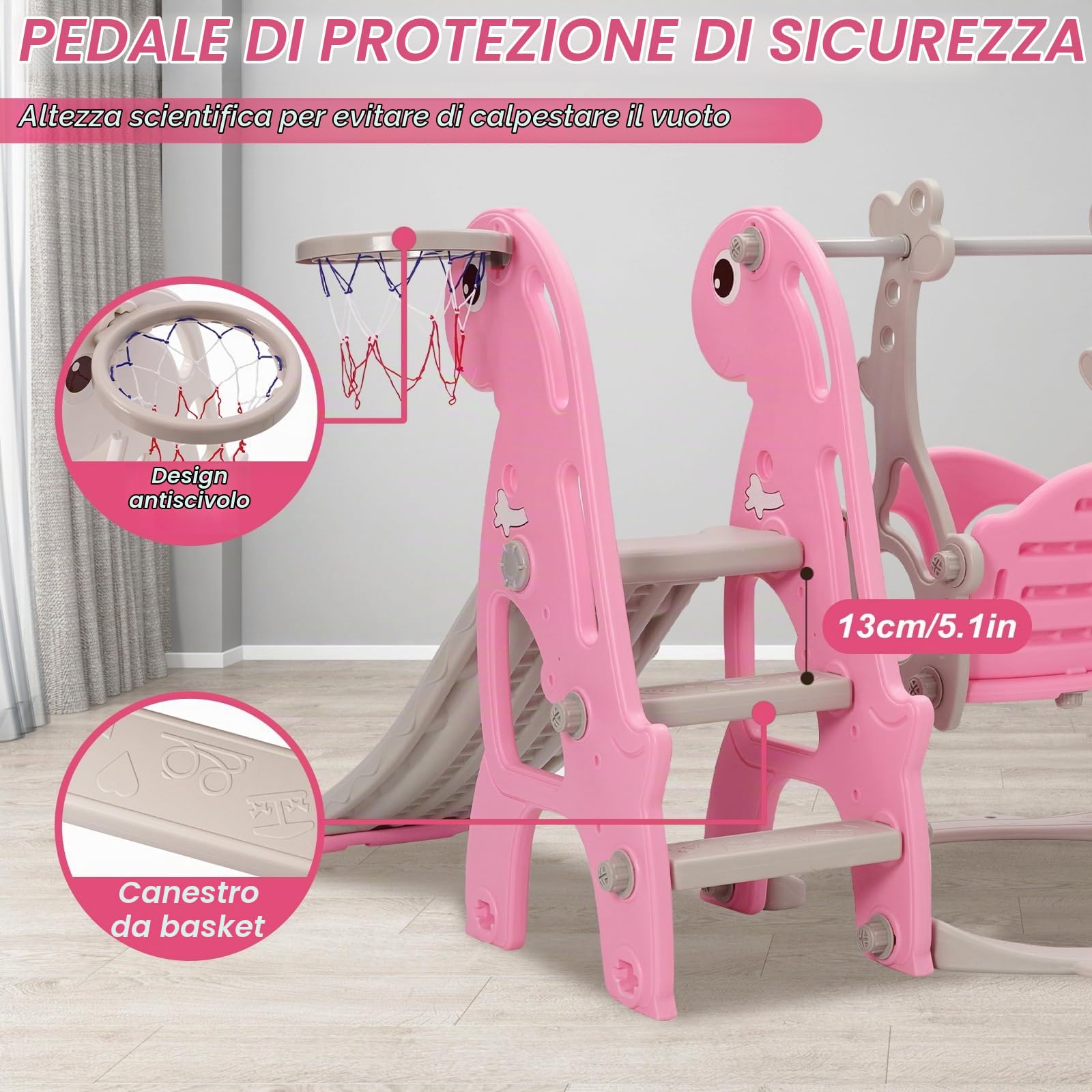Set di scivolo e altalena per bambini con pallacanestro | Scivolo da interni per bambini, set da gioco autoportante e altalena regolabile in altezza (rosa)