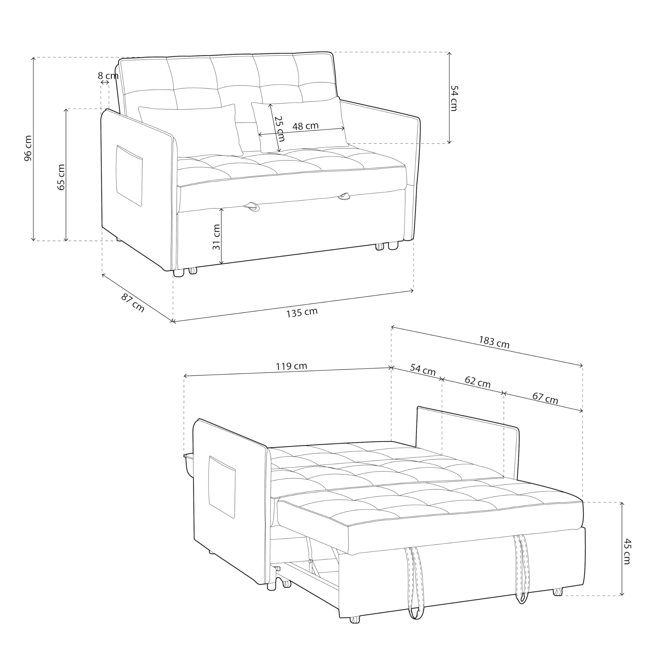duehome | Sofa Cama, Sofa 3 Posiciones, Asiento de Descanso, Modelo Nasya, Acabado en Tejido Color Gris, Medidas: 135 cm (Largo) x 65-96 cm (Alto) x 87-183 cm (Fondo)