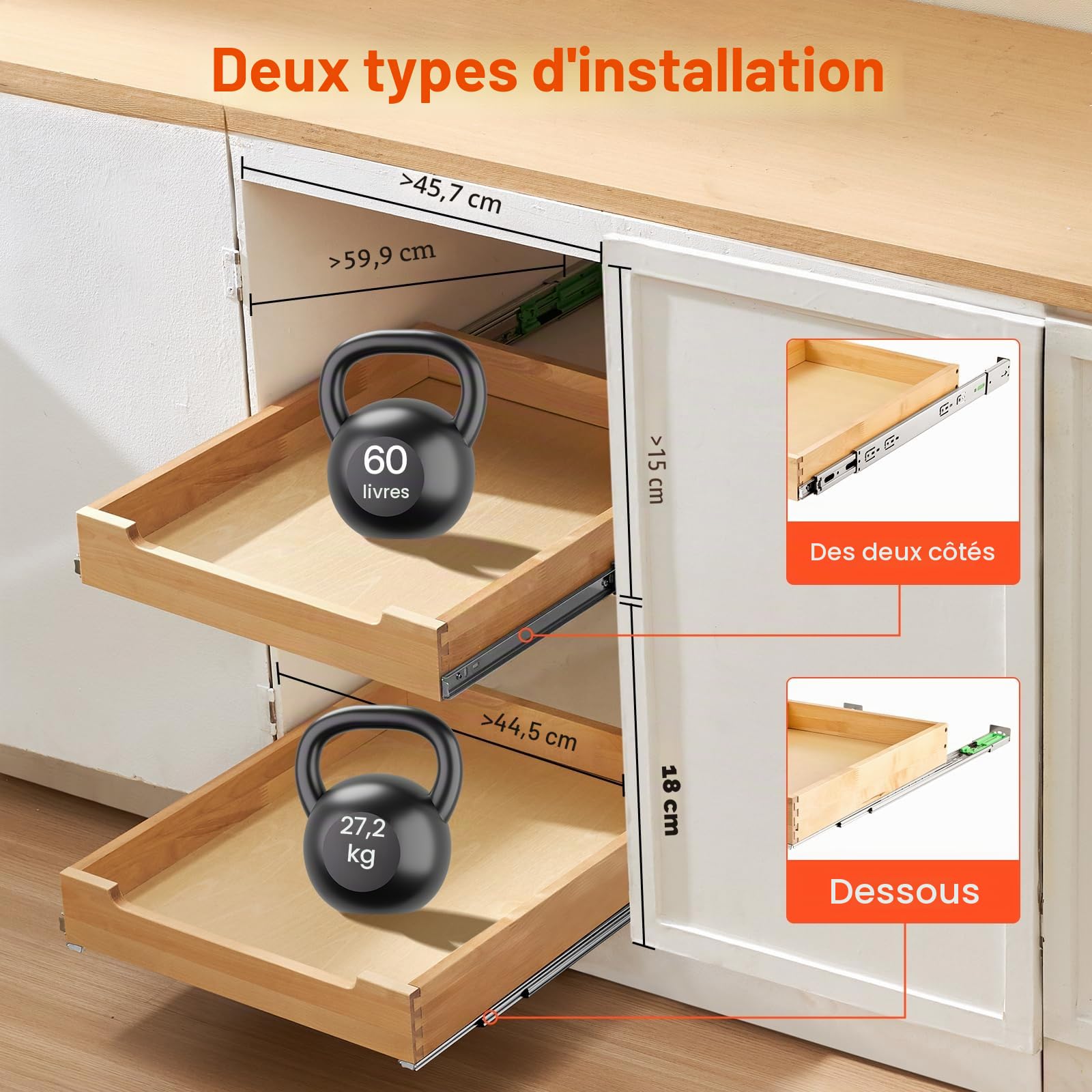 VEVOR Organiseur d'armoire coulissant 432 x 533 mm, tiroir coulissant cuisine en bois, étagère coulissante à fermeture douce, assemblage inférieur et latéral, pour cuisine, garde-manger, salle de bain