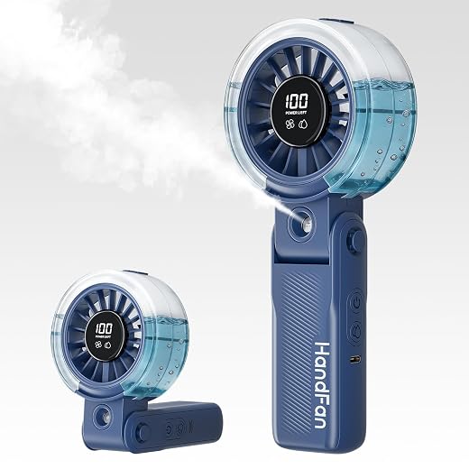 HandFan 4000mAh Handheld Turbo Misting Fan, 100 levels Adjustable High Speed Mister Fan, Portable Spray Water Mist Fans, Foldable Mini Hand Fans for Summer Beach Travel Concerts Disney(Royal Blue)