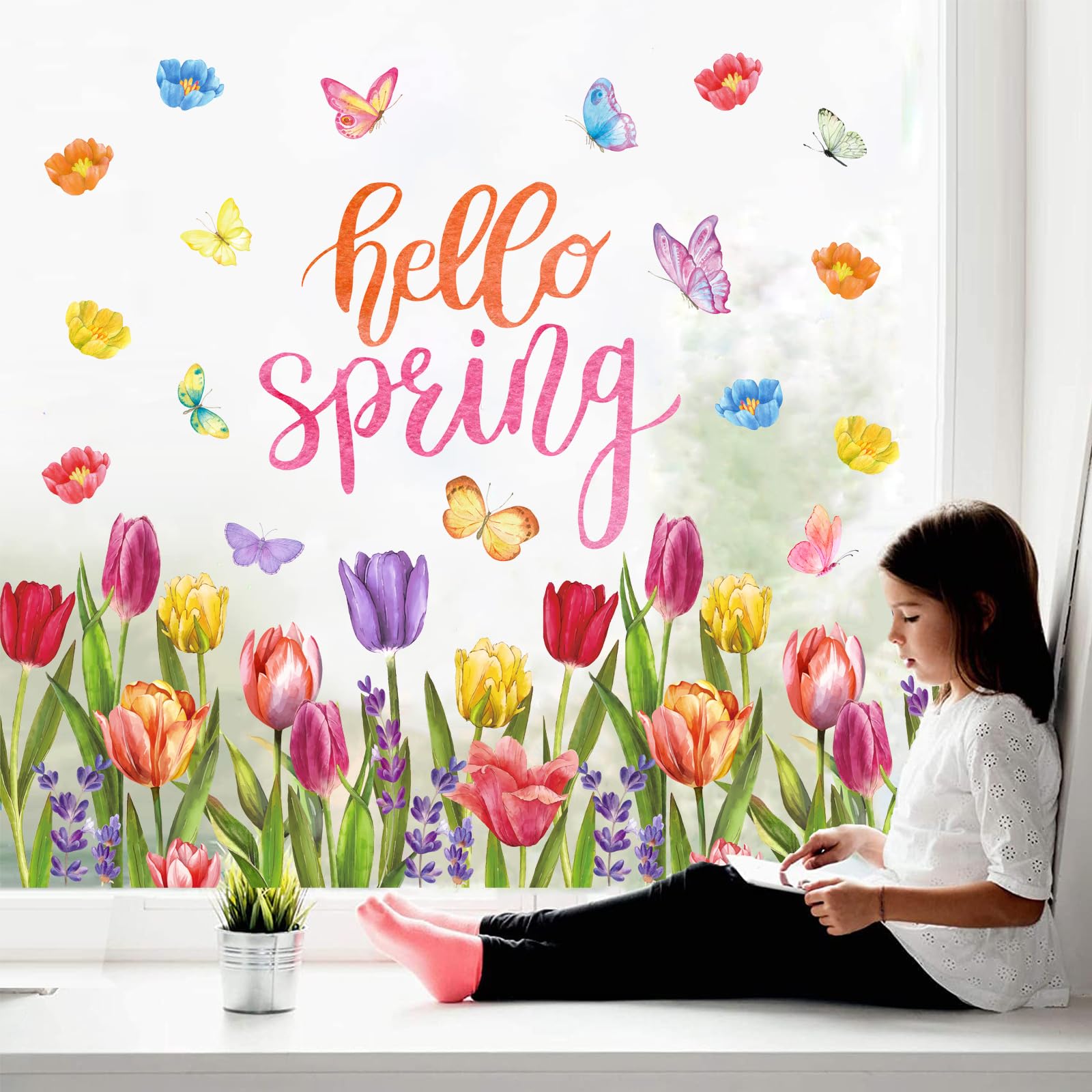 Whaline 6 Sheets Hello Spring Window Clings Colorful Tulip Flowers Butterfly Window Decals Double-Sided Seasonal Floral Windows Decor for Shop Office School Decor Party Supplies