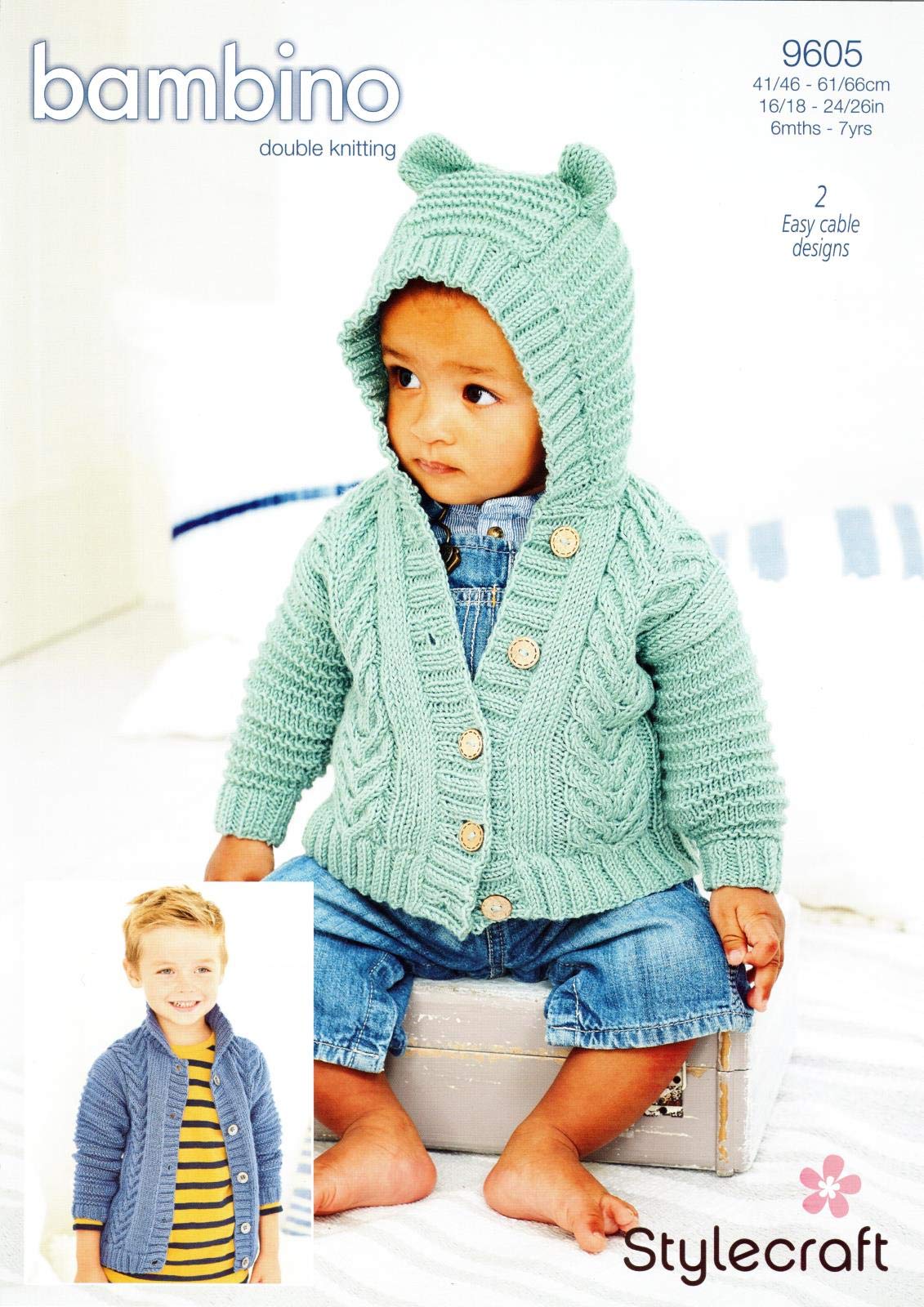 Stylecraft Bambino DK Pattern 9605 Jackets - 2 Easy Cable Designs: Easy Cable Hooded & Collared - Size 41/46-61/66cm, 16/18-24/26in, 6 Months to 7 Years