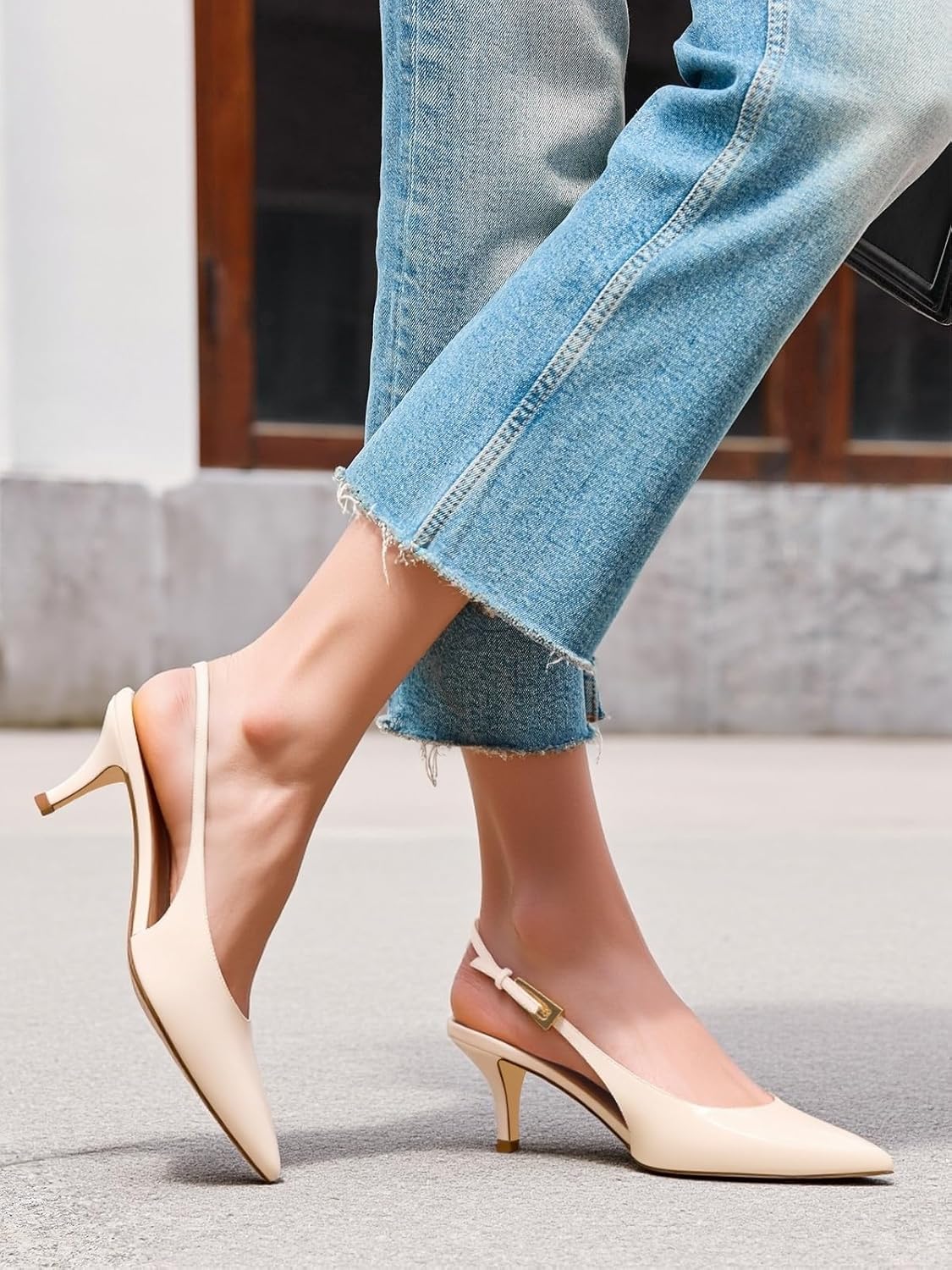 Coutgo Womens Slingback Heels Kitten Low Heel Dress Shoes Closed Pointed Toe Buckle Pumps Work Wedding Shoes - Image 2