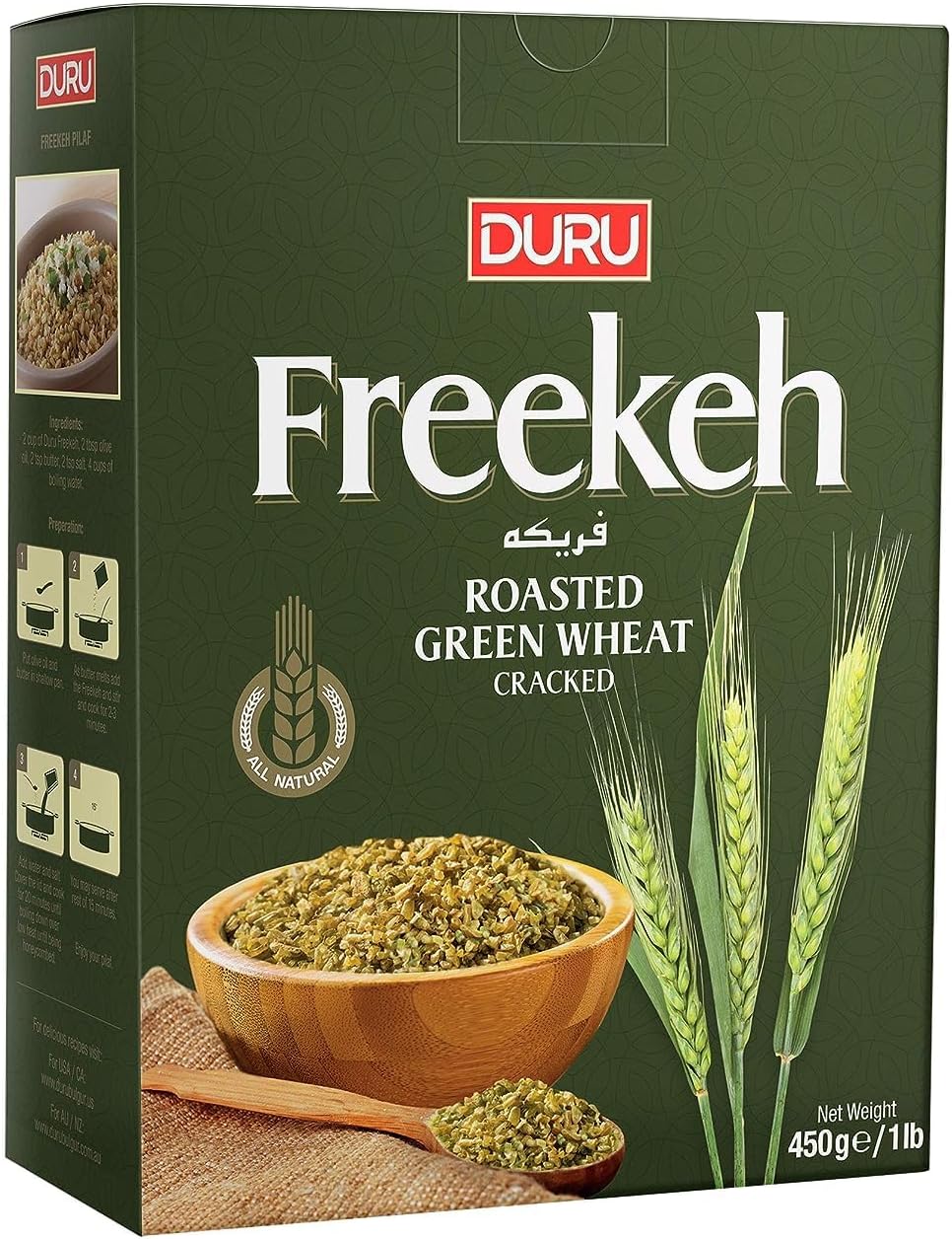 Duru Cracked Wheat, Freekeh, Roasted Green, 15.9oz (450g), 100% Natural and Certificated, High Fiber and Protein, Non-GMO, Great for Vegan Recipes, Better than Rice