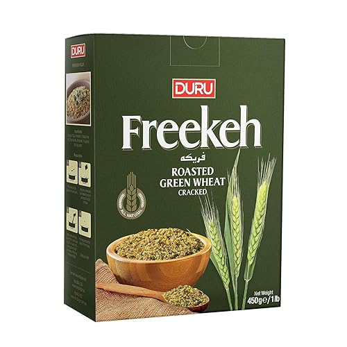 Duru Trigo agrietado, Freekeh, verde tostado, 15.9 oz (450 g), 100% natural y certificado, alto en fibra y proteínas, sin OMG, ideal para recetas