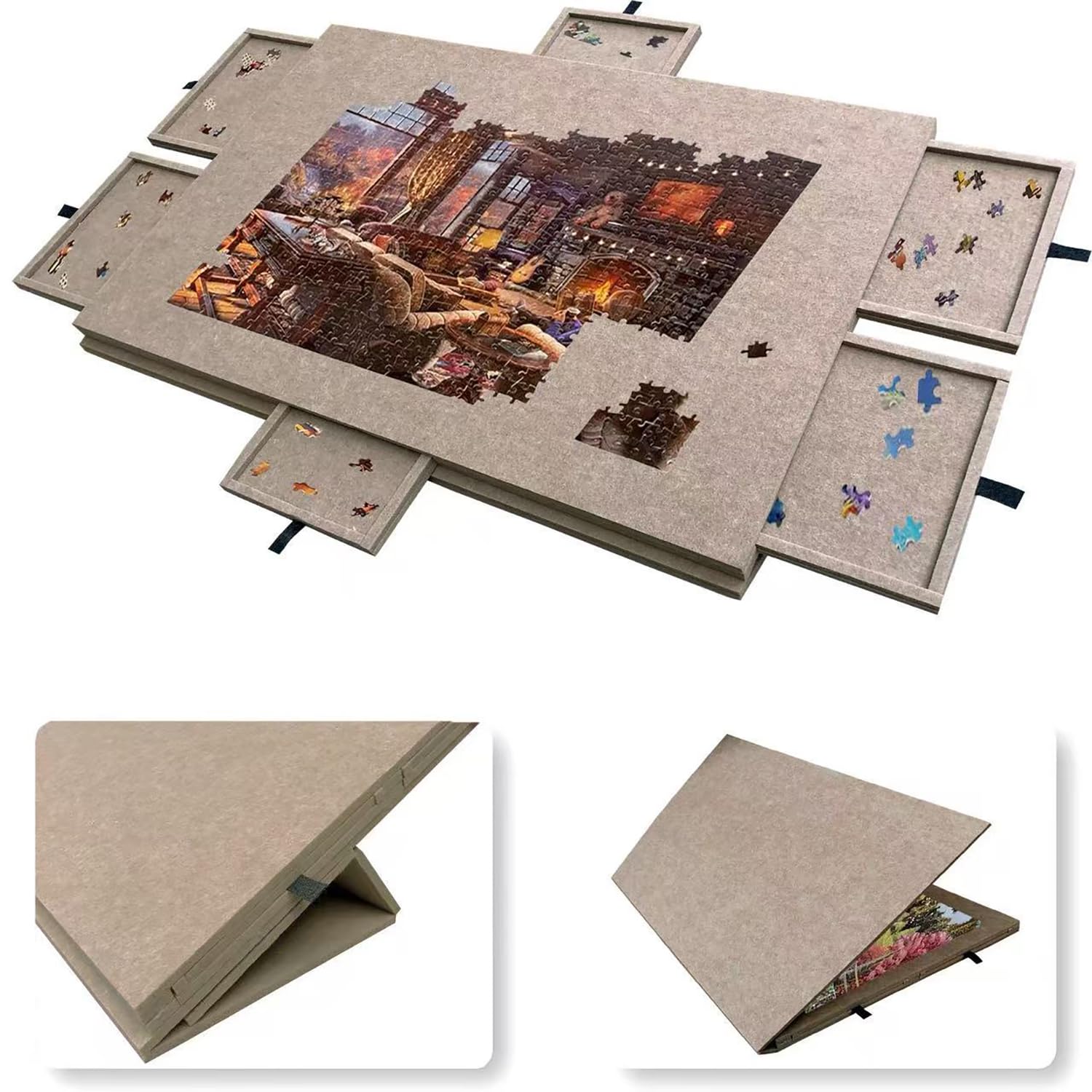 Tableau de puzzle pliable incliné pour adulte avec tiroir de rangement en bois