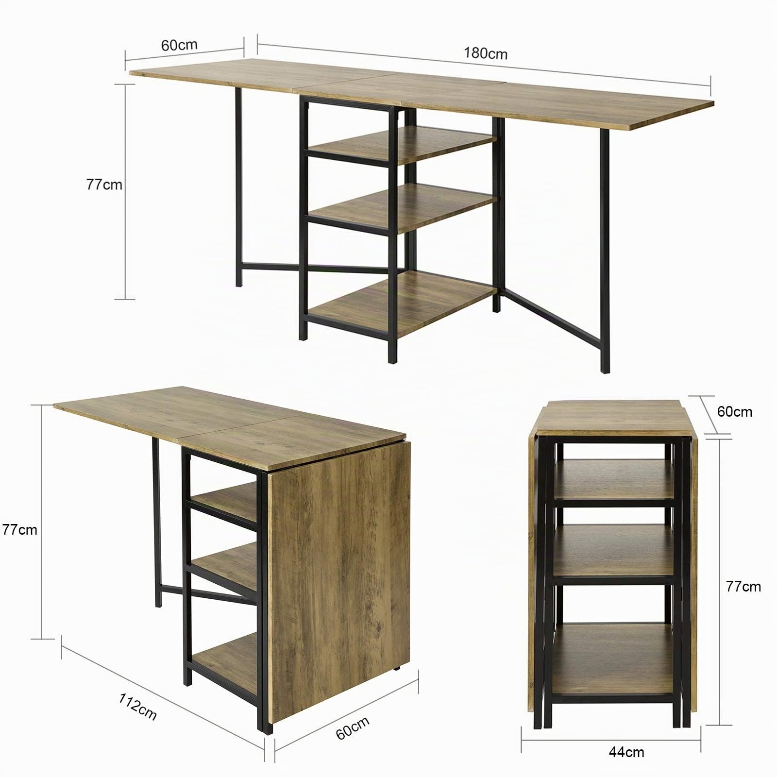 SoBuy Mesa Plegable de Almacenaje con 3 Estantes para Comedor Salón Mesa Auxiliar Escritorio Madera Ahorra Espacio FWT62-N ES