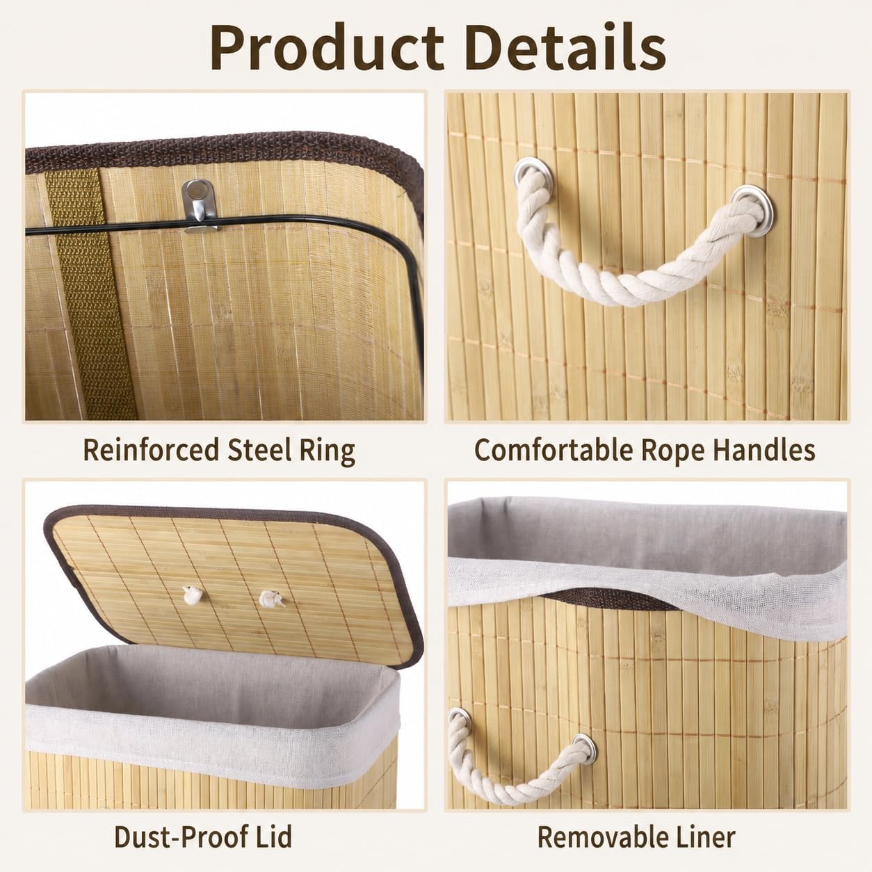 Bamboo Laundry Hamper with Lid, Foldable Clothes Basket with Lid Liner Rope Handles, Metal Frame, 15.7 x 11.8 x 23.6 in Storage Bin for Bedroom Bathroom Wardrobe
