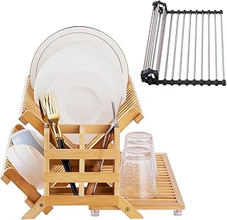 Bamboo Dish Drying Rack, 3-Tier Large Folding Wooden Dish Drying Rack with Utensil Holder & Multipurpose Roll Up Dish Drying Rack, Collapsible Dish Drainer Rack for Kitchen Counter