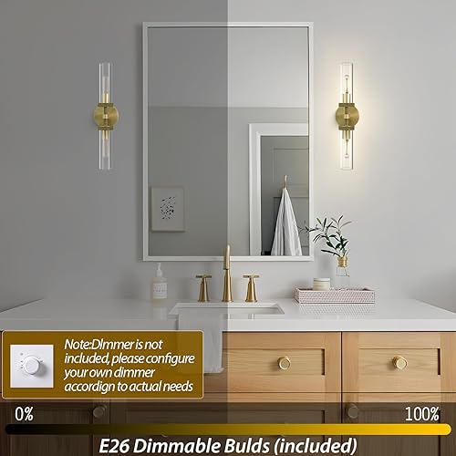 Miniatura 5 de Juego de 2 apliques de pared de latón moleteado, 21 pulgadas, 2 luces, apliques de pared dorados para baño, luces de tocador de vidrio, apliques de