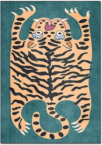 Miniatura 3 de Alfombra vintage bohemia para sala de estar, 4 x 6 pies, alfombra verde con diseño de tigre de dibujos animados para dormitorio, lavable, tapete