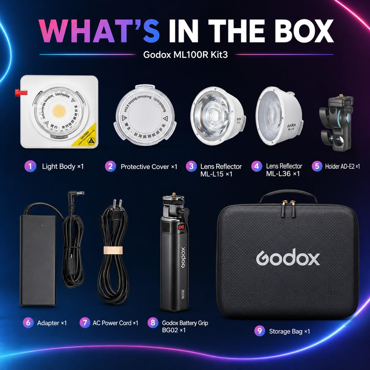 Godox ML100R Kit3 Luce Video LED RGB ca.110W, Riflettore 15° & 36° Incluso, 12900Lux @1m, 1800K-10000K, 14 Effetti FX, Impugnatura Batteria BG02, Godox Mount per Vlog