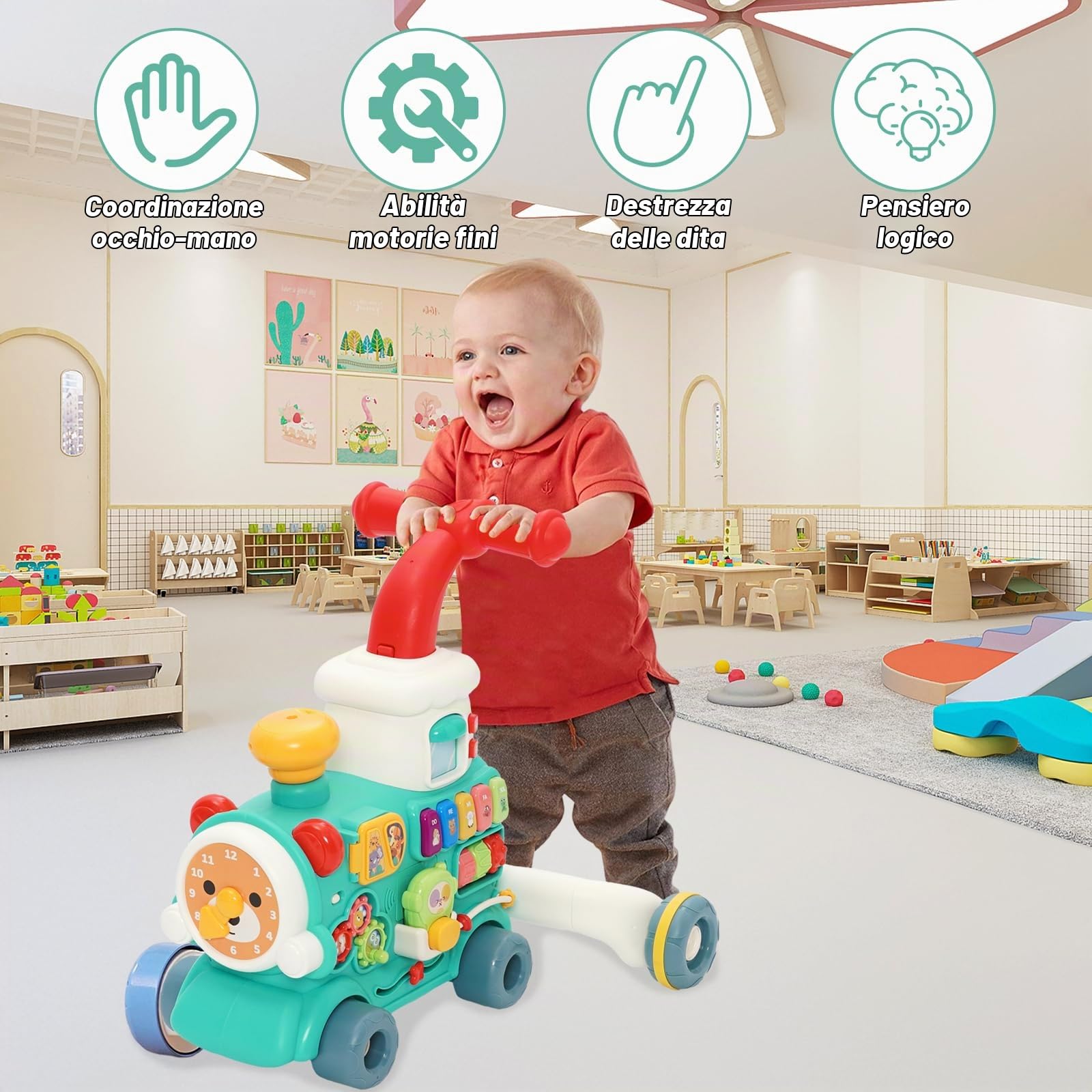 Girello per Bambini 3 in 1, Carrello Primi Passi con 10+ Gioco Educative, Luci & Musica, Effetto Nebbia, Velocità Regolabili, Centro Attività Montessori, Regalo per Ragazzi e Ragazze 6+ Mesi