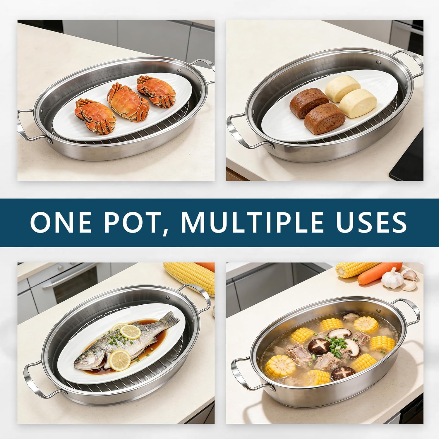 Stainless Steel Oval Fish Steamer - Multi-Use Cooking Pot with Rack, Ceramic Pan & Chuck, Versatile Braiser, Stockpot for Steaming Fish, Boiling Soup & Cooking Pasta