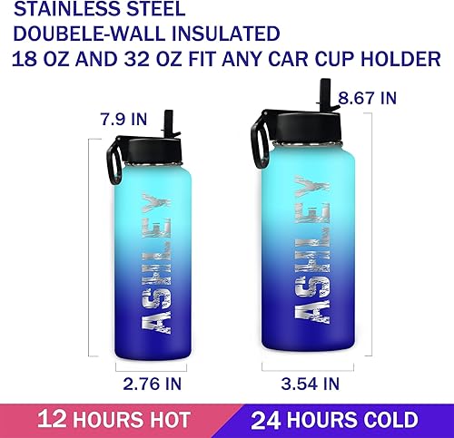 Miniatura 4 de Botella de agua personalizada para niños y niñas, botella de agua deportiva de acero inoxidable con nombre personalizado, degradado aislado al