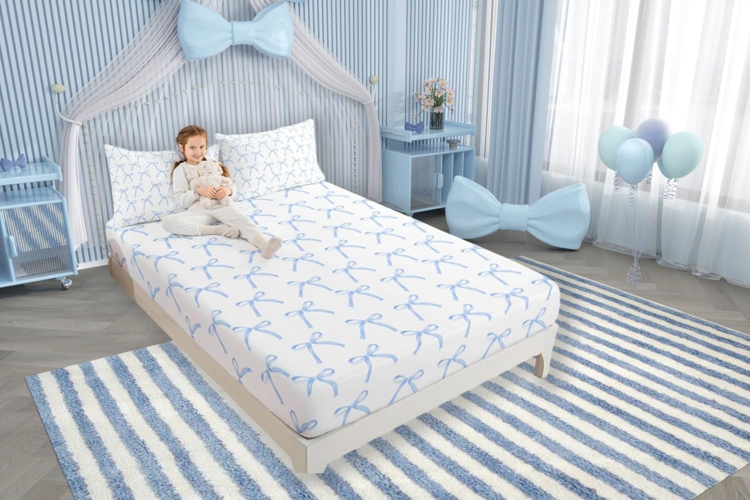 Manfei Cartoon Bowknot Kids Fitted Sheet Full Size,Bow Tie Knot Geometric Patchwork Fashion Bedding Set,Girls Women Room Decor,Hand-Painted Sketch Blue Noble Bed Sheet,2 Pillowcases(No Flat)