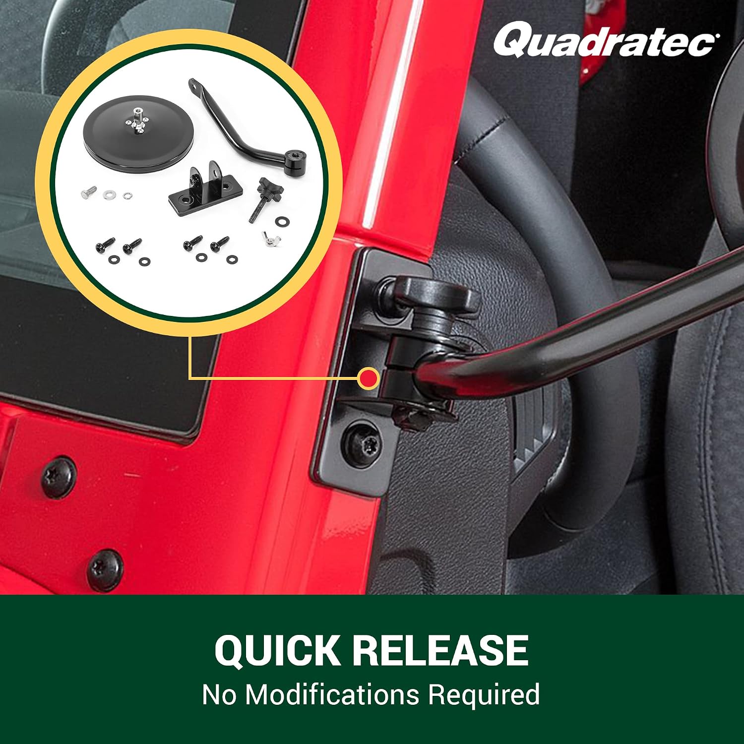 Quadratec Quick Release Mirrors with Round Head, Pair of 2 - Fits Jeep Wrangler TJ & JK 2-Door and 4-Door 1997-2018 - Fits Jeeps When Doors are Off - Great for Tube Doors - Attaches to A-Pillar