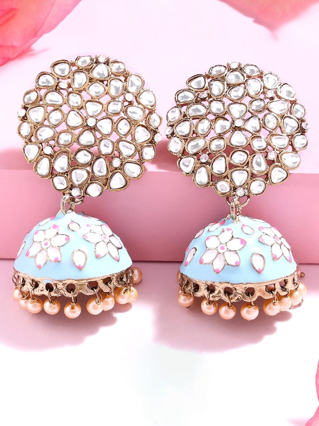 Turquoise-Pink Meenakari Kundan Ethnic Jhumki Earrings