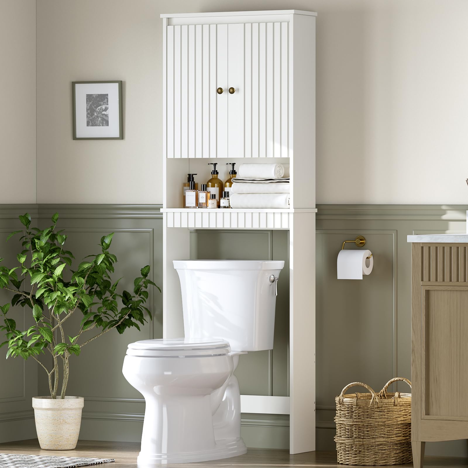 Over The Toilet Storage Cabinet, Over The Toilet Storage with Fluted Panel Doors and Soft Hinges, Over Toilet Bathroom Organizer Above Toilet Storage Bathroom Shelves Over The Toilet (White)