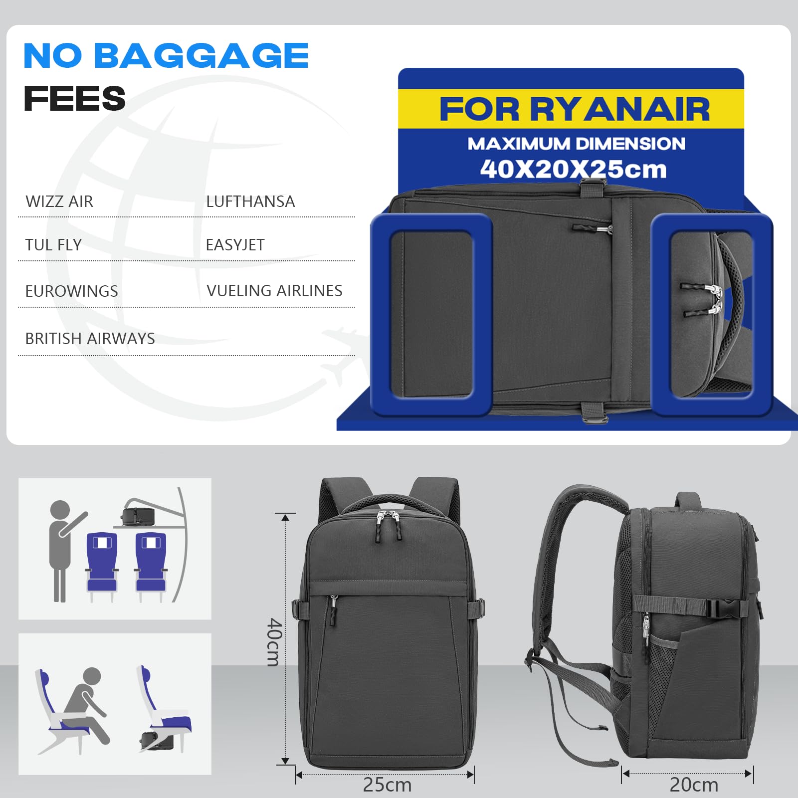 Xkdoai Zaino Ryanair 40x20x25, Zaino da Viaggio Aereo Bagaglio a Mano, Bagaglio a Mano 40x20x25 Ryanair Borse da Cabina Antifurto Borsa Zaini Impermeabile con Borsa per Bottiglie