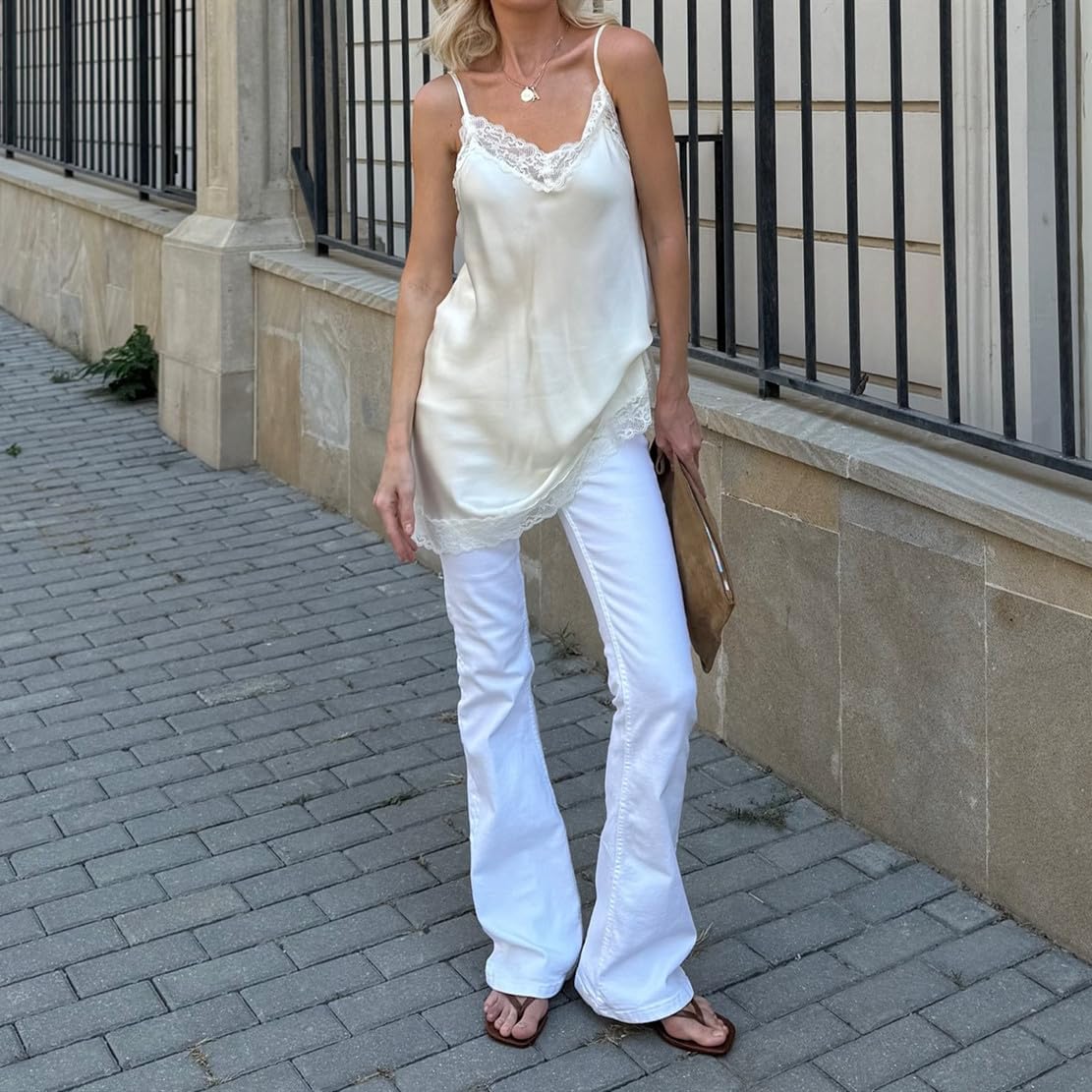 Lace Trim Satin Cami Tops for Women Spaghetti Strap Sexy V Neck Silk Camisole Going Out Party Shirts - Image 2