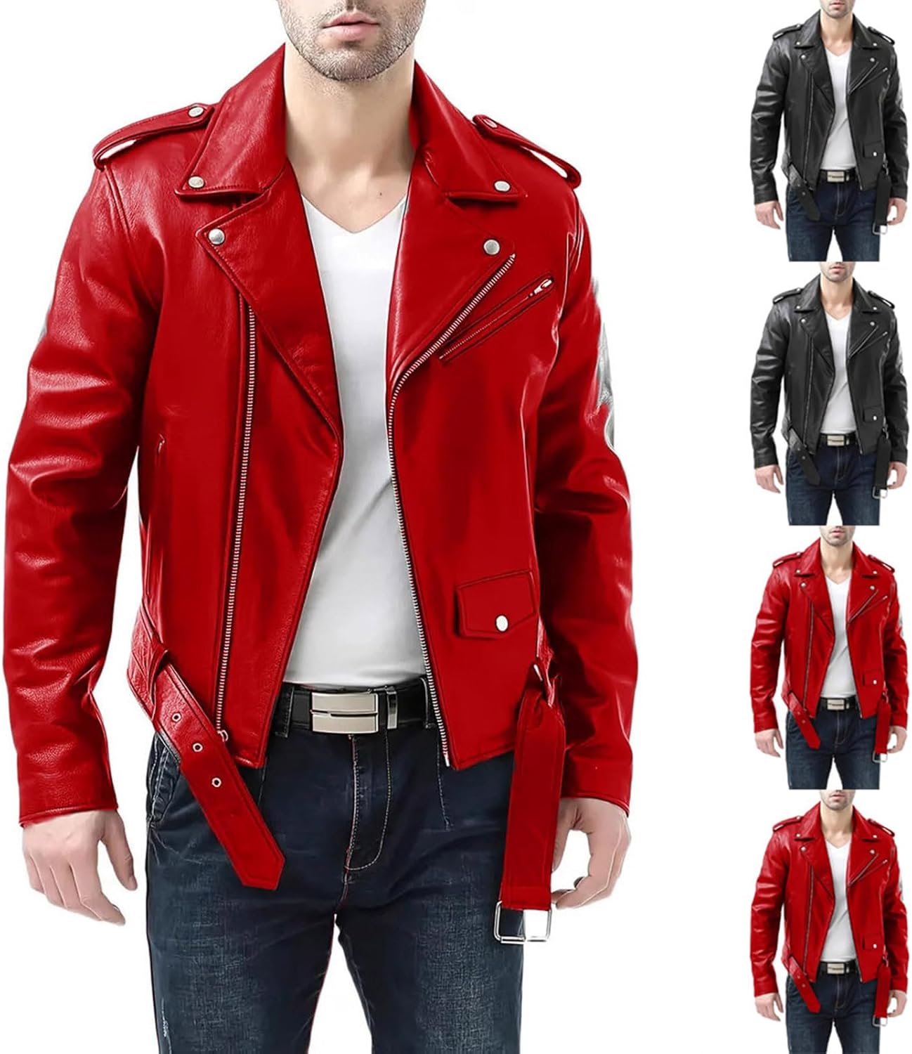 Cambkatl Men's PU Leather Jacket Casual Belted Faux Leather Motorcycle Jackets Zipper Biker Coats Windbreaker