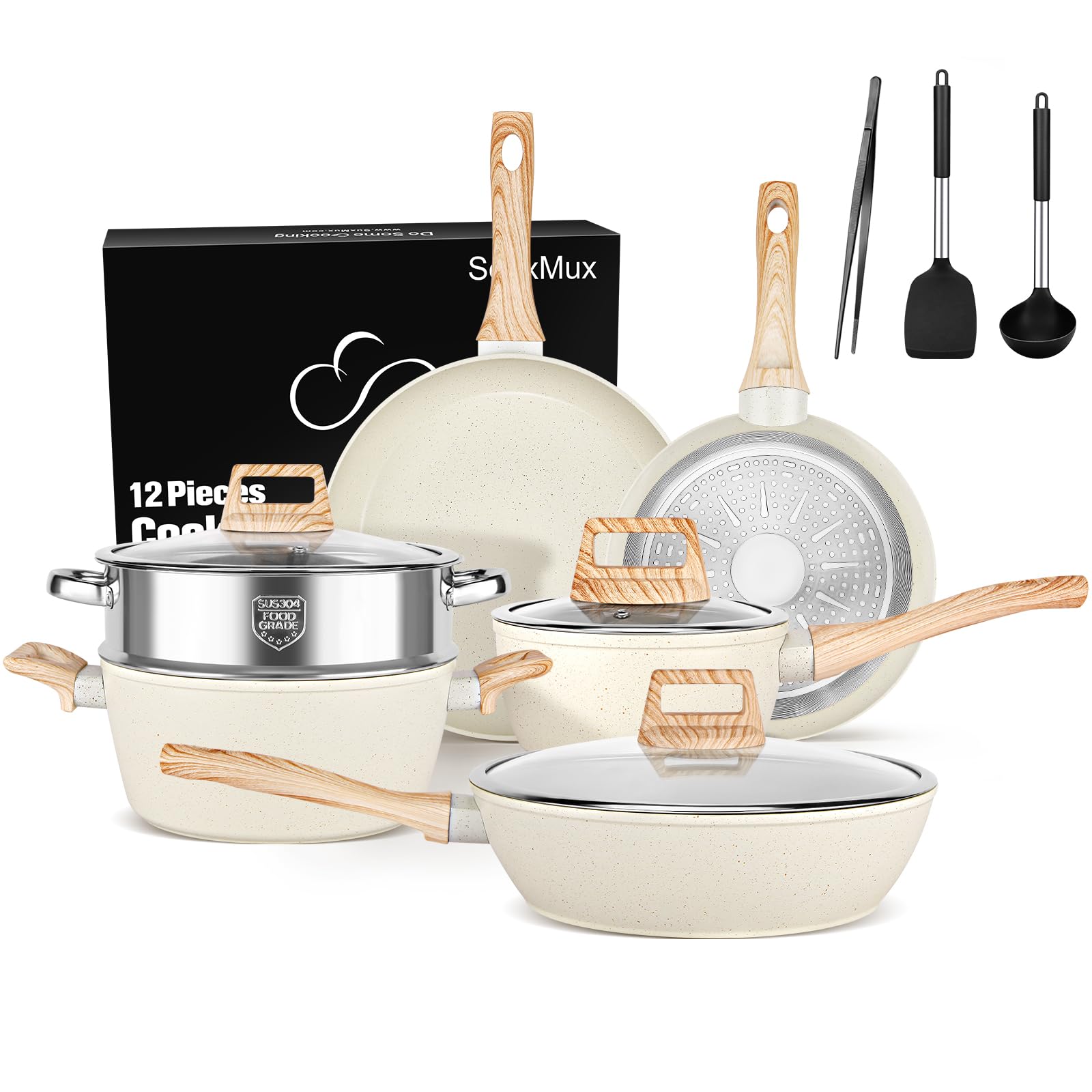 Pots and Pans Set Non Stick, 12 Pcs Granite Kitchen Cookware Set with Frying Pans, Saucepans, Steamer, Healthy Non-toxic Pots and Pans, PFAS and PFOA Free.（WHITE）