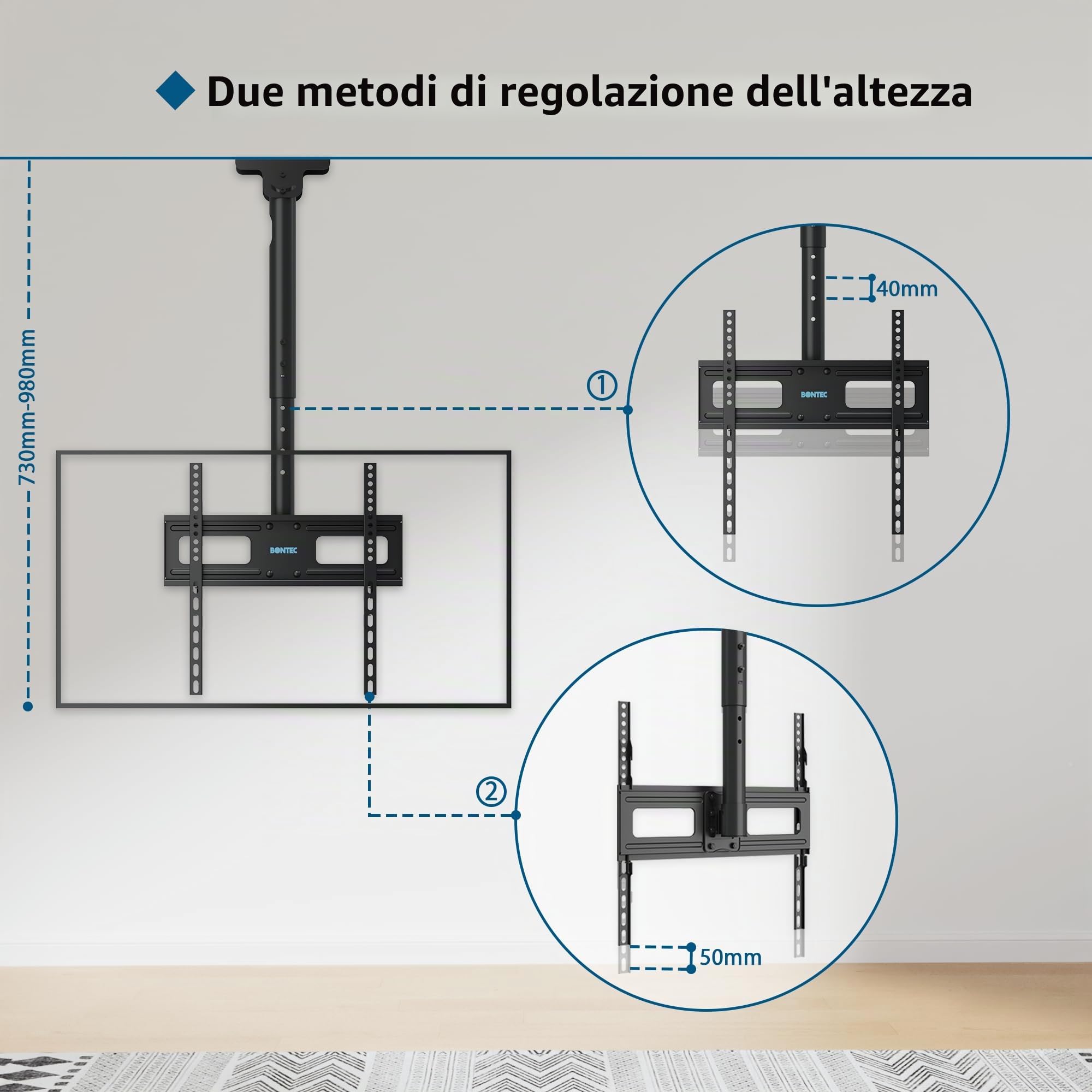 BONTEC supporto TV soffitto regolabile, staffa TV 26-65 pollici fino a 45kg, compatibile VESA 100x100-400x400, porta TV girevole 360°, altezza regolabile 73-98cm, ideale per casa, ufficio e locali