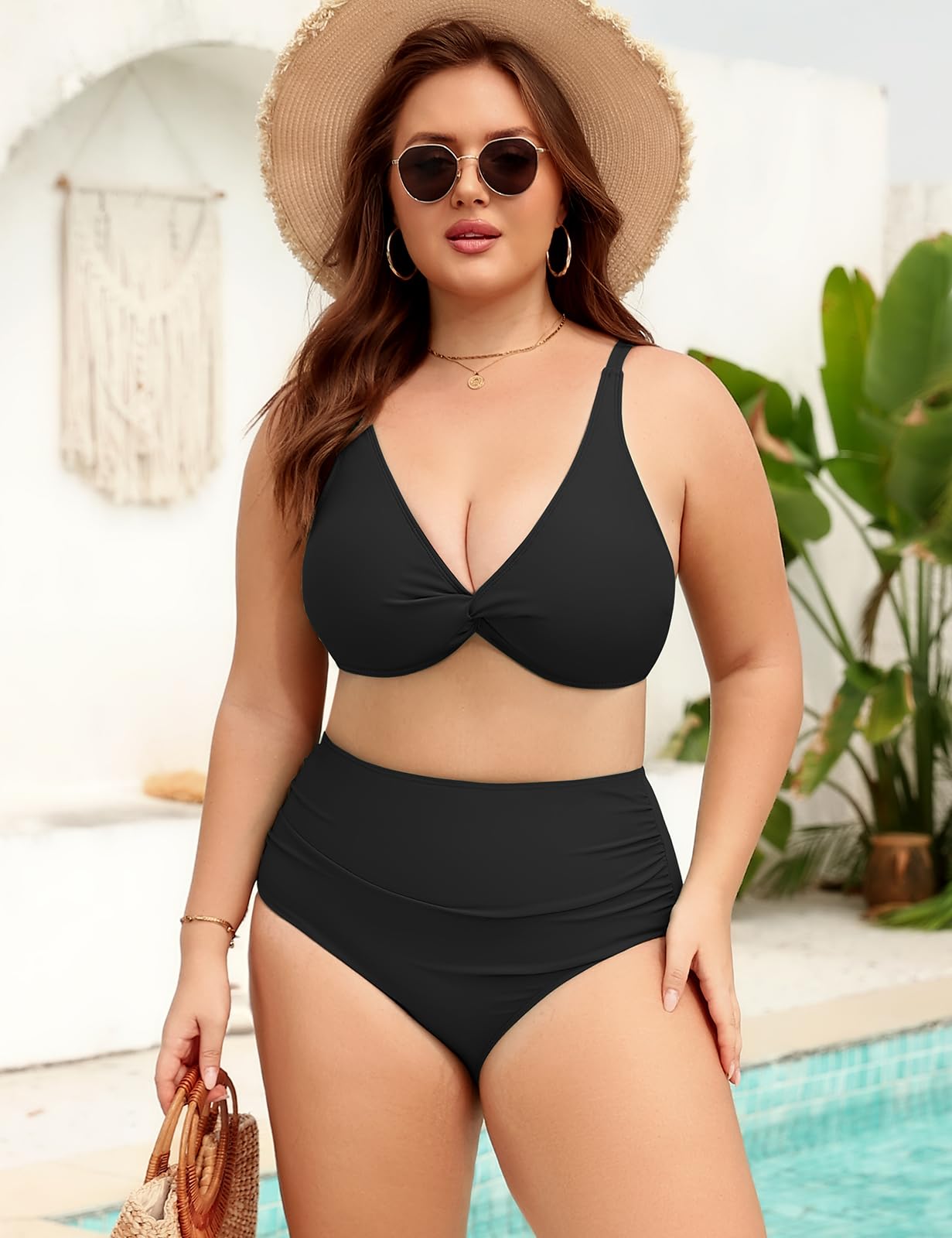 Costume Donna Due Pezzi Taglie Forti Vita Alta Costumi da Bagno Curvy Controllo Addominale Sexy Scollo a V Push Up Bikini L-4XL
