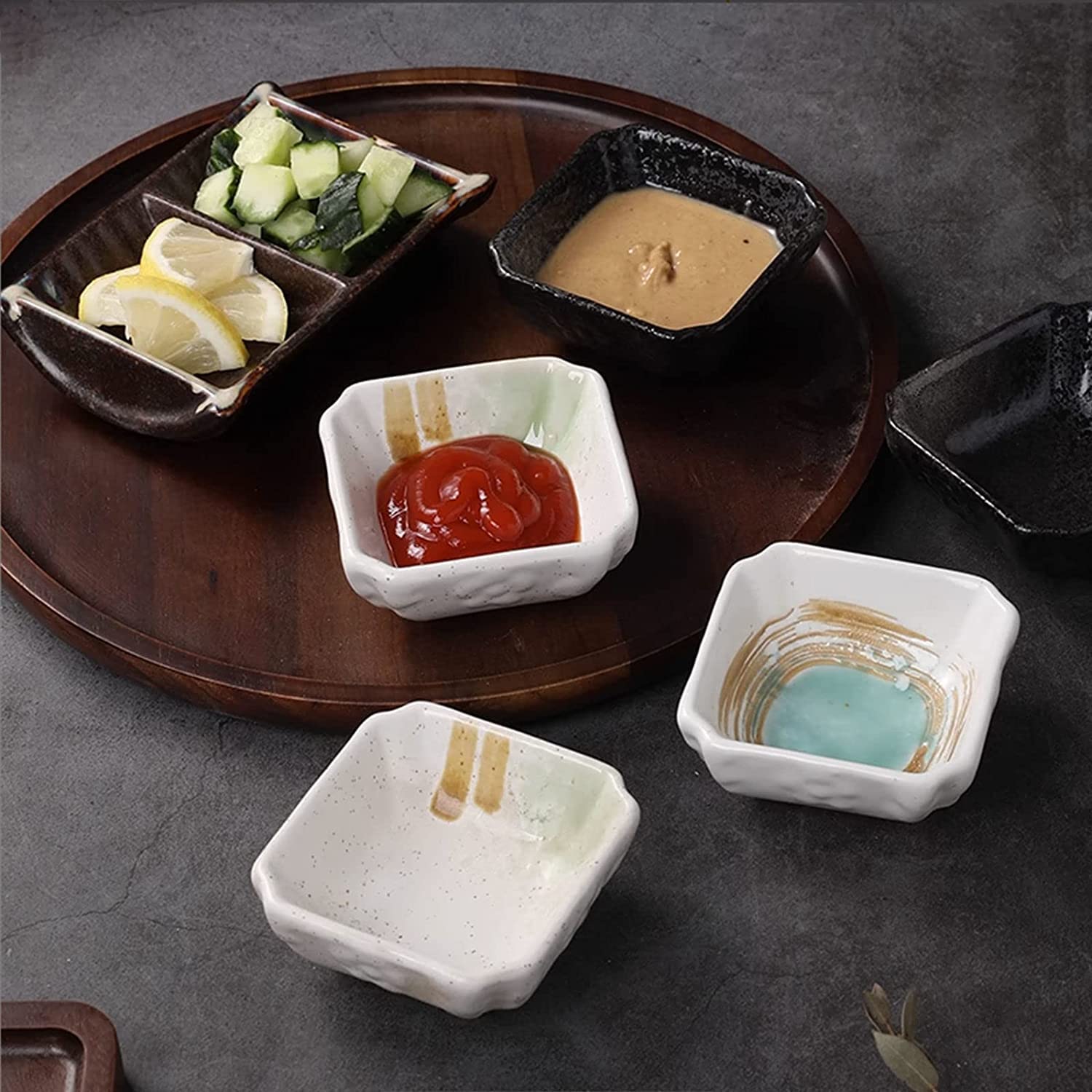 Keramik-Dip-Schalen, Keramik-Soßenschalen, japanischer Stil, 2 Stück, Saucenschalen zum Dippen, quadratische Sushi-Sojasaucenschale, kleine Dip-Soßenschalen mit rechteckiger grüner Tinte, Farbe:
