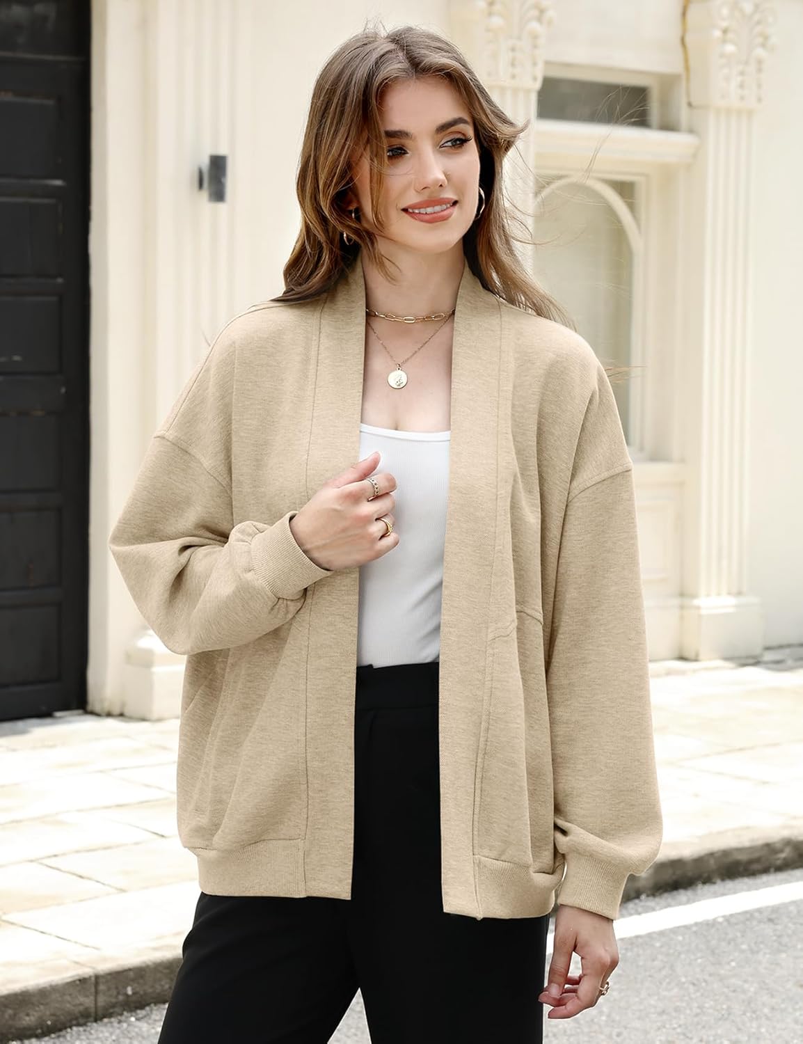 Wyeysyt Womens Sweatshirt Cardigan Lightweight Oversized Drop Shoulder Open Front Casual Cardigan(Khaki-XL) - Image 6