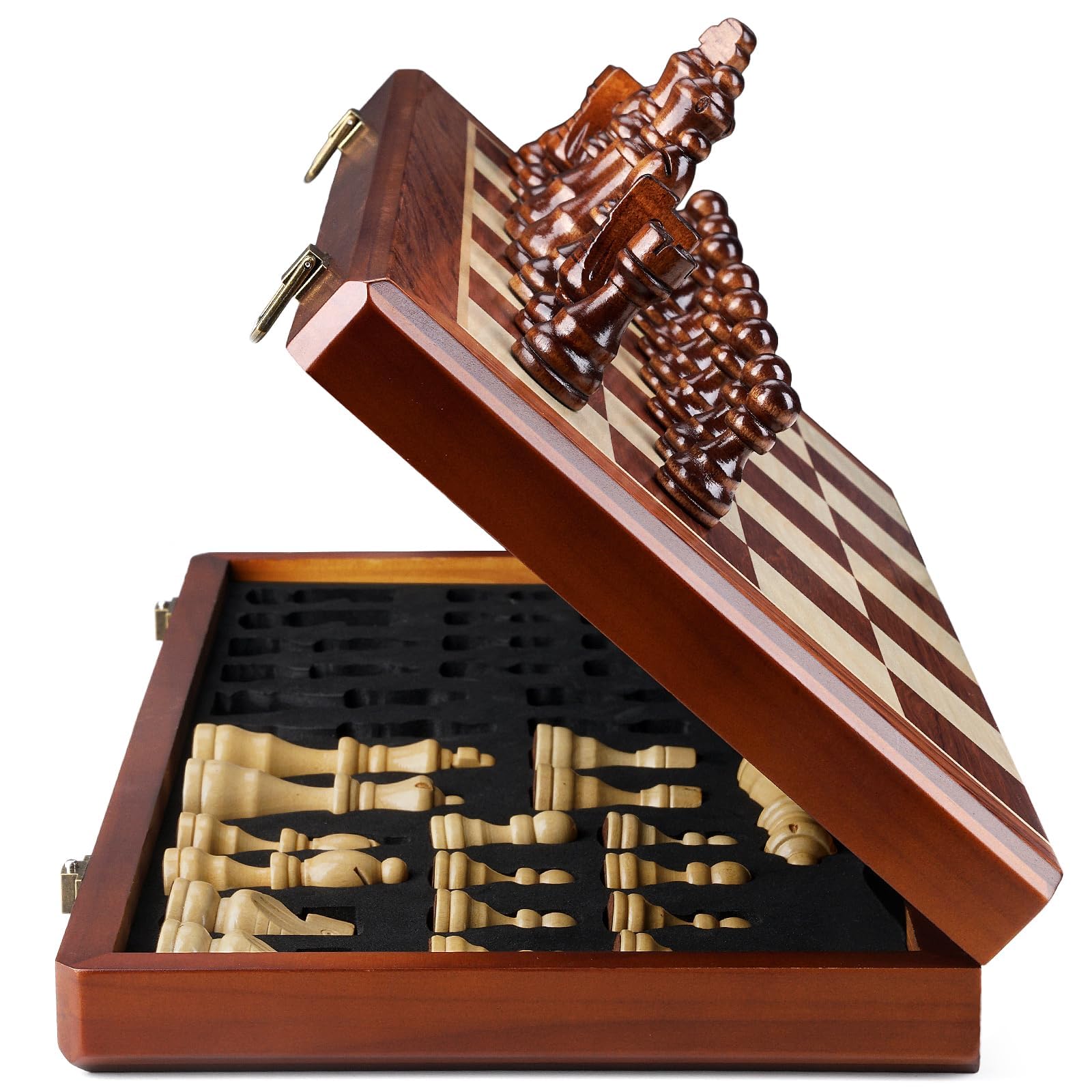 Magnetisches Schach-Set aus Holz für Erwachsene und Kinder, handgefertigt, faltbar, mit individuellen Aufbewahrungsfächern, 2 zusätzlichen Königinnen, tragbares Reise-Schach-Set, Heim- und